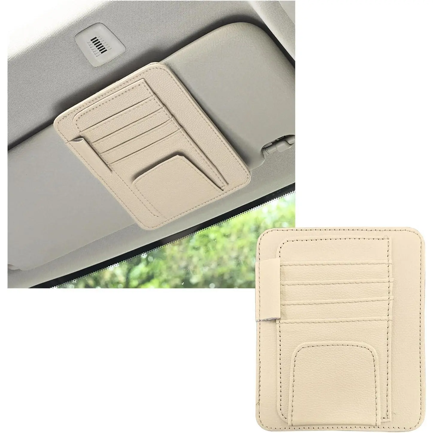 Small Leather SUV Sun Visor Organizer - Multifunctional Multi-Pocket Auto Visor Document Organizer with Sunglasses Clip, Driving Aid for Cards, Pens (Beige, Single/Double Option)