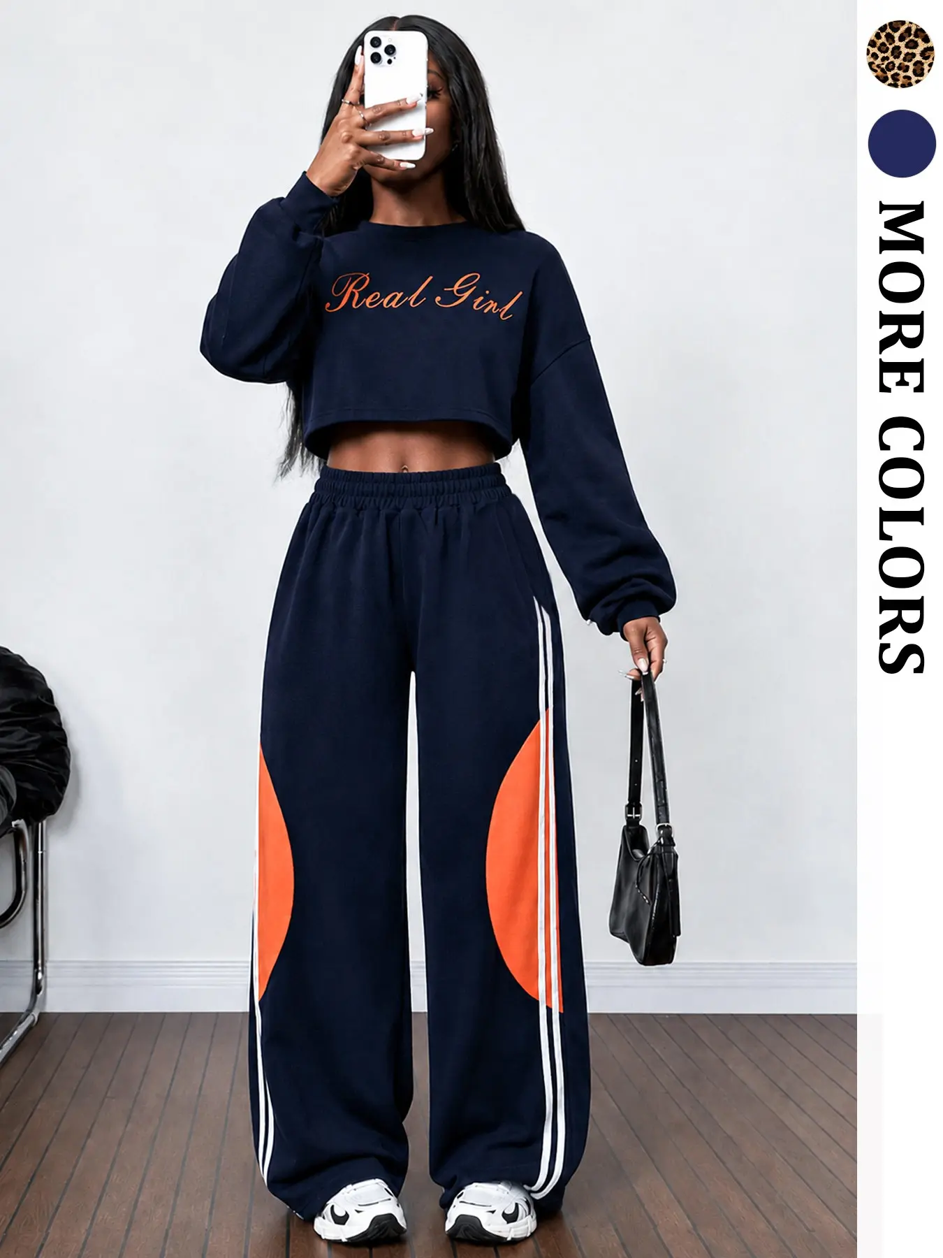 Women's Fall Multicolor High Waist Casual 2 Piece Set, Athleisure Wear Sets, Cropped Loose Sweatshirt Top with Color Block Design & Wide Leg Sweatpants, Y2K Streetwear Comfy Matching Outfit for Travel, Everyday Wear, Leopard Print