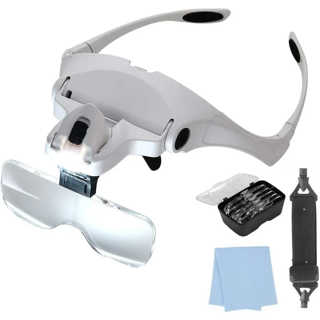 Hands Free Led Headband Magnifier Glass with Built-in Light, Comfortable Head Mount Magnifying Lens, Clear Vision Magnifying Tool for Close Work, Ideal for Craft, Jewelry Making, Hobby Repair, Reading and Detailed Handicraft Projects