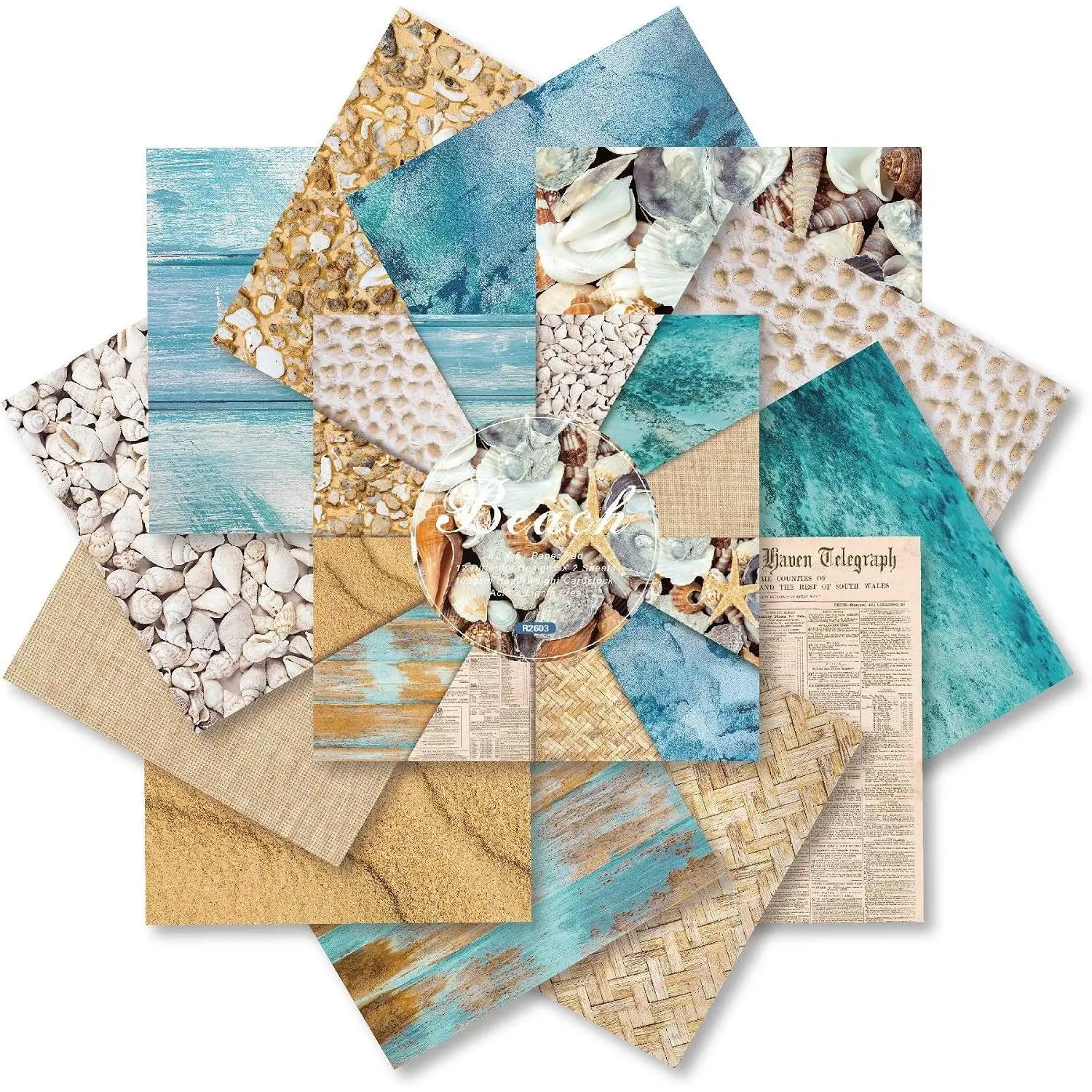 Beach Scrapbook Paper Pad Sand Shell Sea Patterned Paper 6×6,24 Sheets Single-Sided Blue  Scrapbooking CardStock Papers Pad for Holiday Cardmaking DIY Origami Journaling.