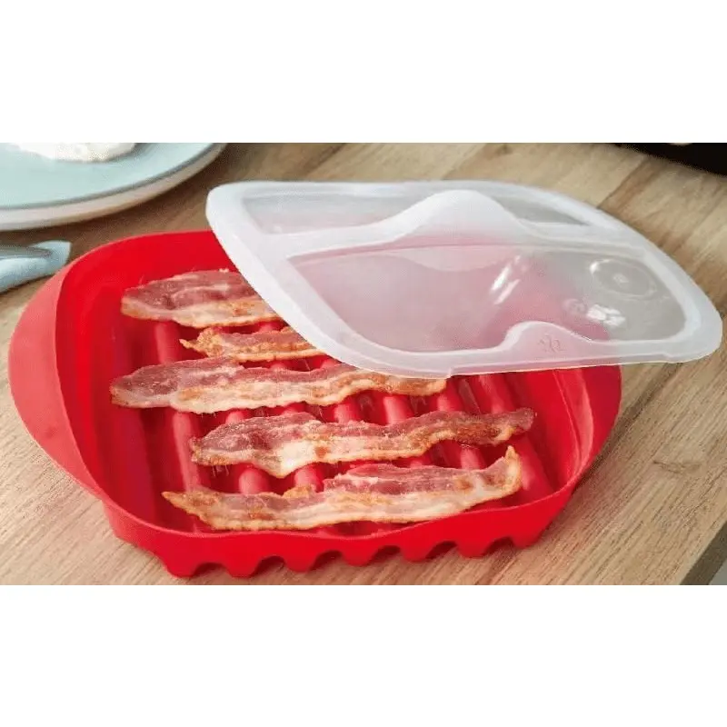 Quick-Heat Microwave Bacon Tray (With Splash Cover) - Made of PP Plastic, Featuring Raised Patterns to Help Make Bacon Crispy, Allowing for Oil-Free Cooking of 7-9 Slices of Bacon in 3 Minutes (Splash-Proof Design)