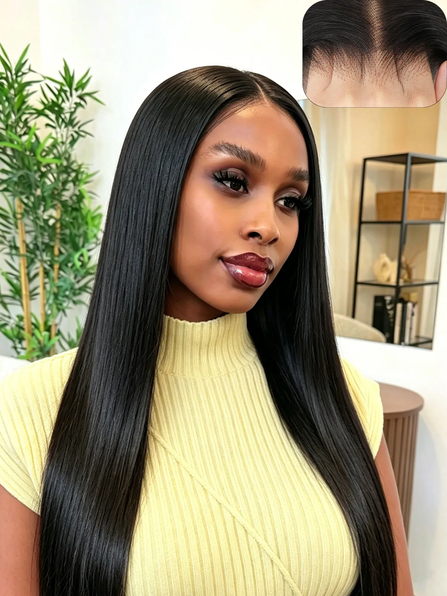 Long Human Hair Middle Part Straight 5*5 Glueless Wig, Breathable Wig Cap Pre-Cut & Pre-Plucked Transparent Lace Natural Looking Beginner Friendly Wigs Easy Wear Wig 20-28 Inch