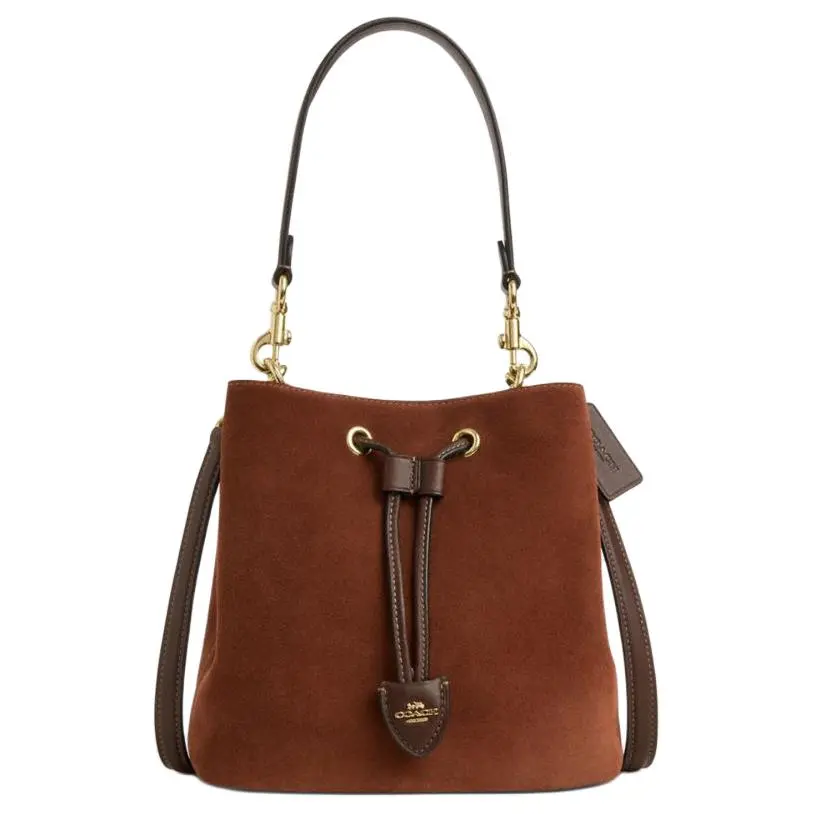 COACH Rowan 23 Suede-Texture Bucket Bag for Women, Drawstring Closure, Medium Size, Brown