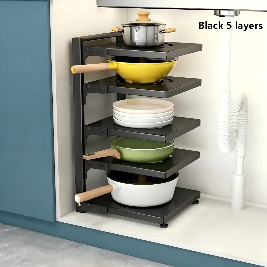 2-5 Layers Adjustable Kitchen Storage Rack, Carbon Steel Under Sink Cookware Organizer, Pot Pan Lid Storage Shelf for Cabinet Space Saving