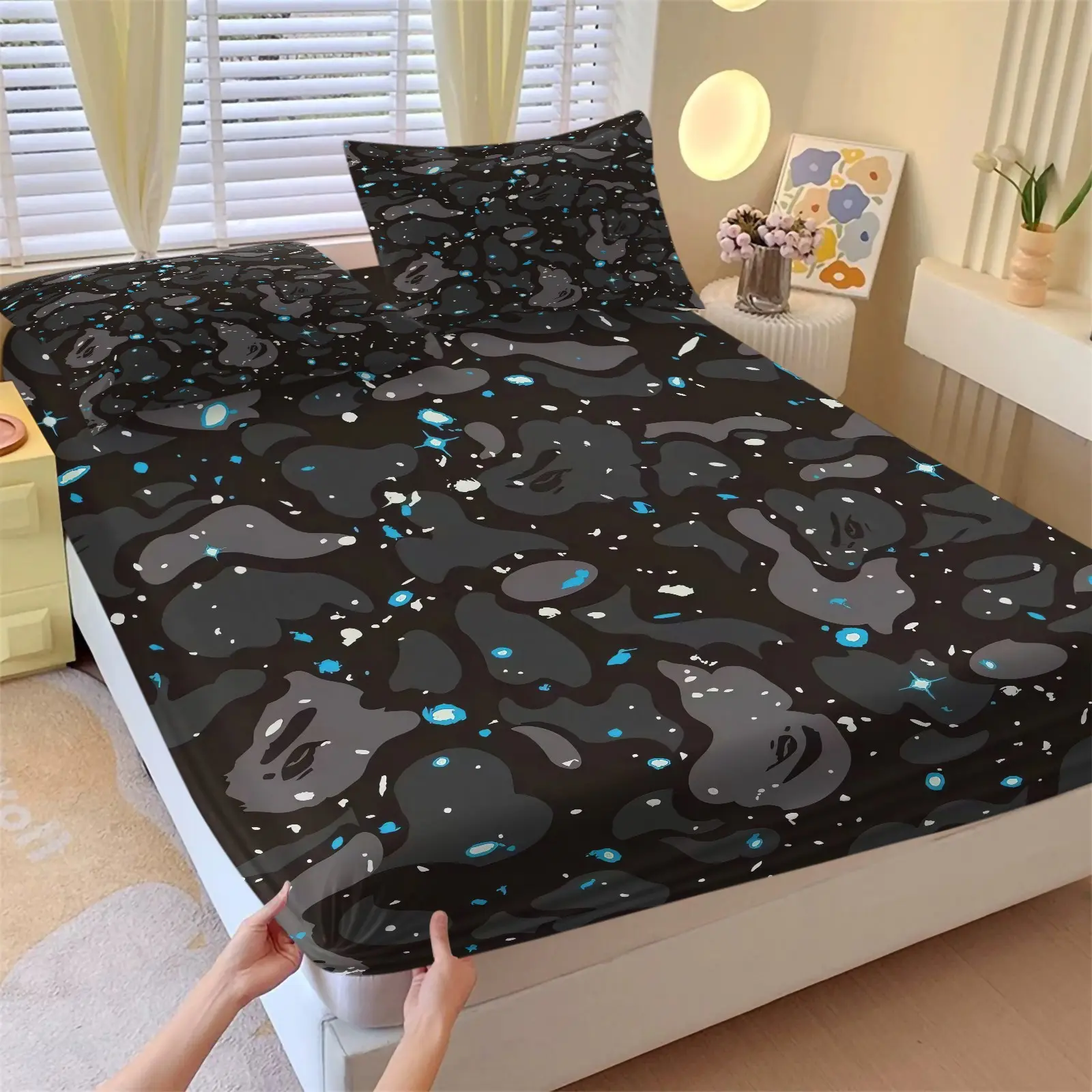 3PCS Abstract Galaxy Fitted Sheet Set, 1 Fitted Sheet & 2 Pillowcase No Filling, Deep Pocket Wrinkle‑Resistant Soft Microfiber, Stretchy Washable, Modern Trendy Bedroom Decor, Gift for Teen Boys Young Adults