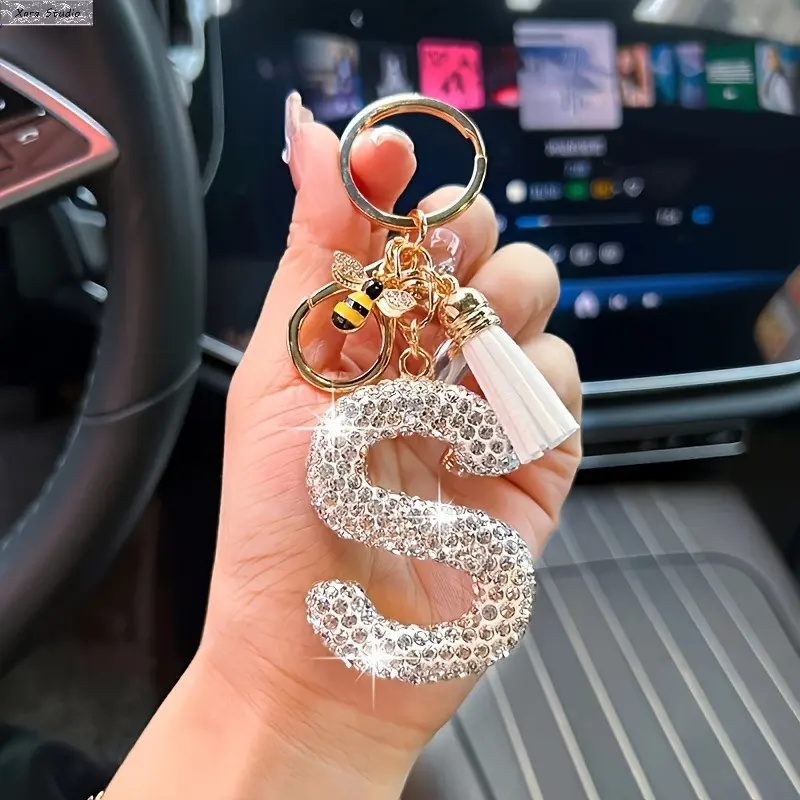 Women's Personalized A-Z Initial Bejeweled Bee Keychain - Nylon Base Ring, Rhinestone Clay Beads, Gold-Tone Alloy Pendant, Bag Charm for Everyday Use, Ideal Gift for Women/Girls