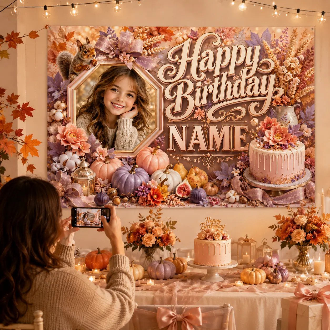 Personalized Fall Birthday Backdrop with Photo and Name, Pastel Pumpkins, Flowers, Squirrel, Cake and Autumn Party Decor
