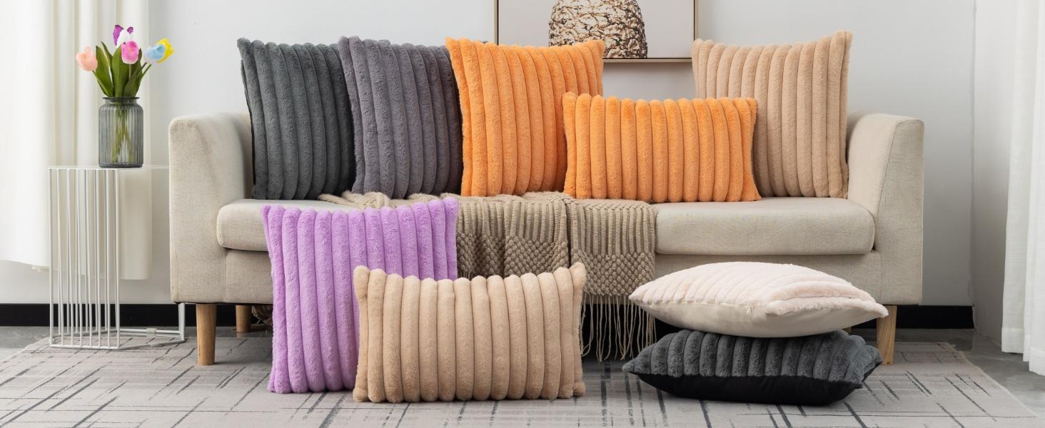 Set of 2 Dark Grey Faux Fur Decorative Throw Pillow Covers Striped Pillowcase Cushion Covers 18 x 18 Inch Sofa Couch Bedroom