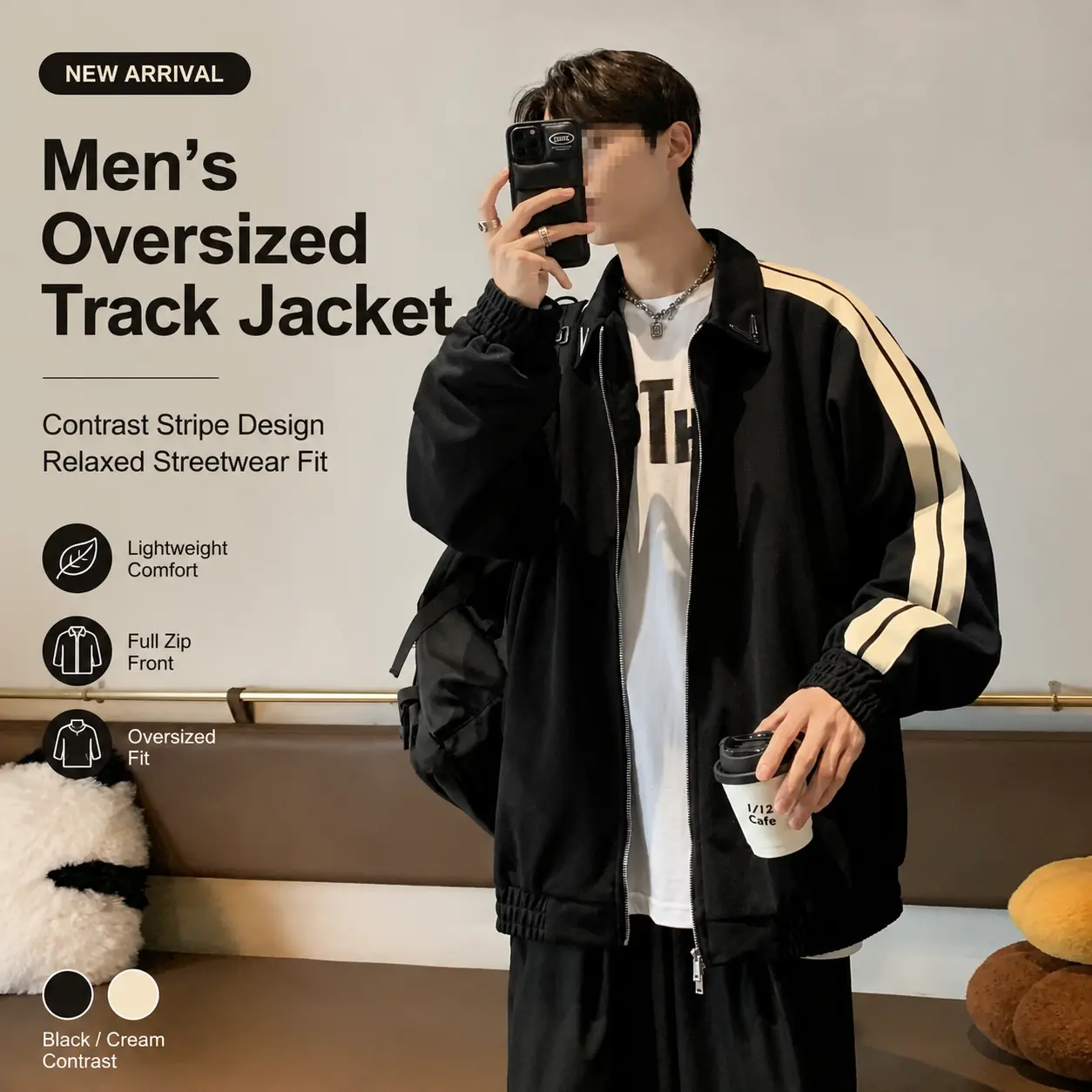 Men’s Oversized Track Jacket Black & Cream Contrast Stripe Streetwear Jacket, Y2K Fashion Zip Up Windbreaker Coat, Casual Lightweight Baseball Jacket for Men, Relaxed Fit Athletic Jacket, Trendy Everyday Outfit for Fall Winter Street Style