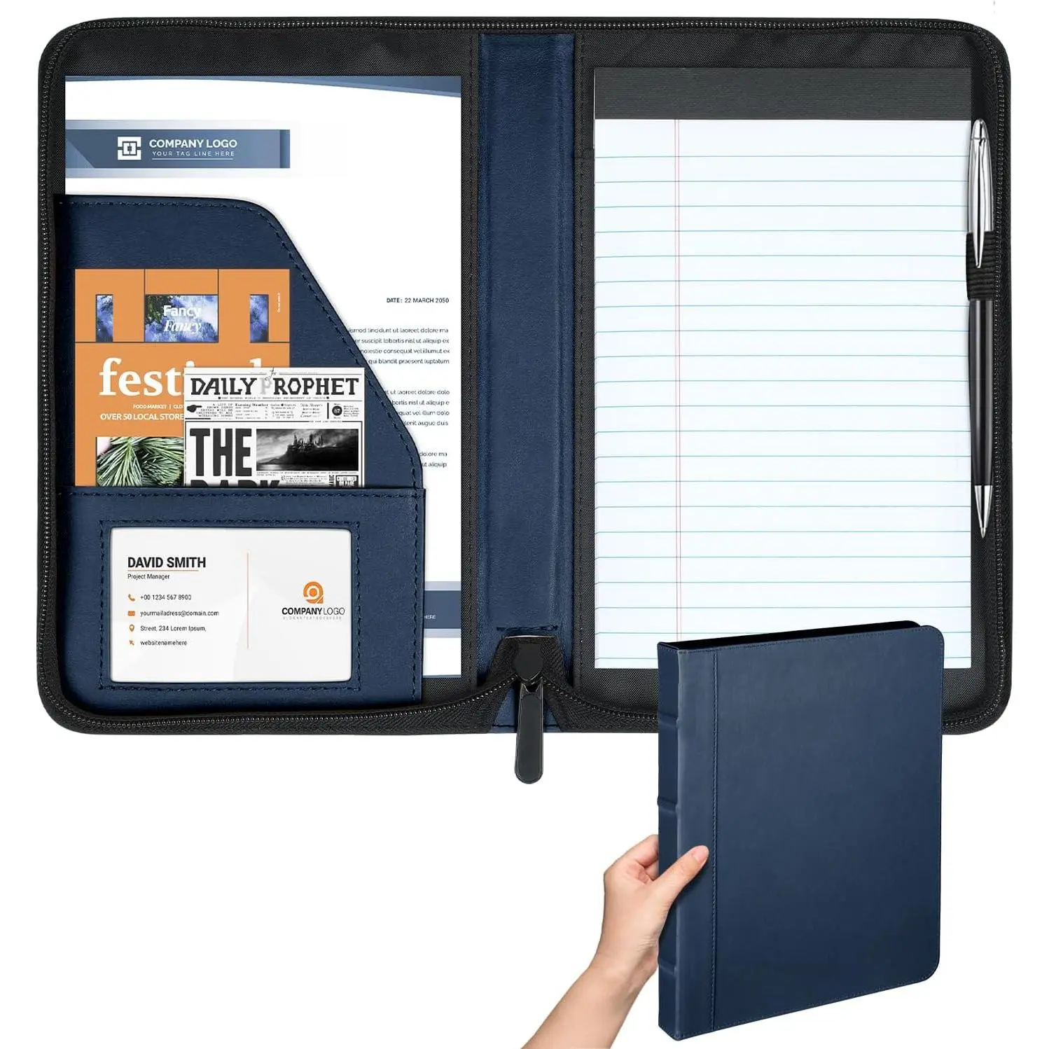 Small Portfolio Organizer, Zippered Business Padfolio Binder for Women & Men, Book Style Hardback Design, 5 x 8 Writing Pad Included, Navy Blue