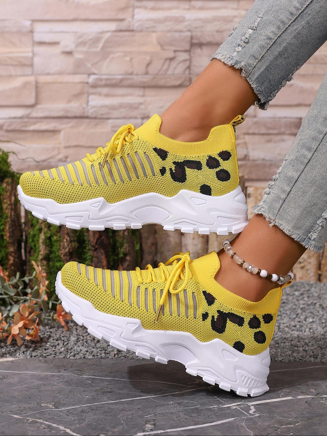 Women's Fashion Leopard Print Lace Up Low Top Sneakers, Casual Comfortable Breathable Sports Knitted Running Shoes, All-match Basic Shoes for Daily Wear, Fashionable Running Shoes