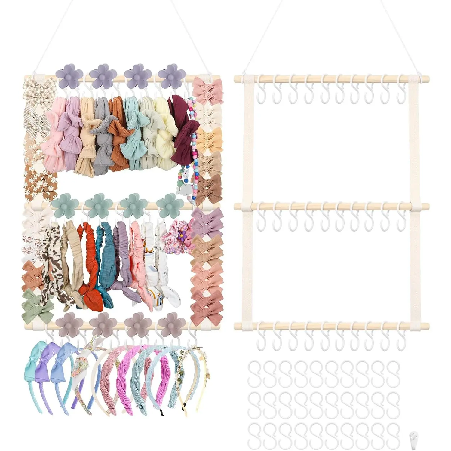 Headband Holder Hair Bow Organizer for Girls,Bow Holder w/ 30 Hooks |  Headband Organizer, Wall Hair Clip Holder Hair Accessories Organizer,   Women  Decor(20x15 Inch,Beige)