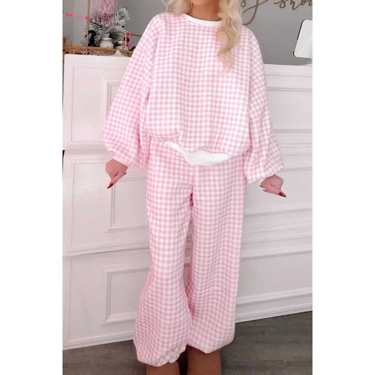 Pink Plaid Long Sleeve Two Piece Pant Set