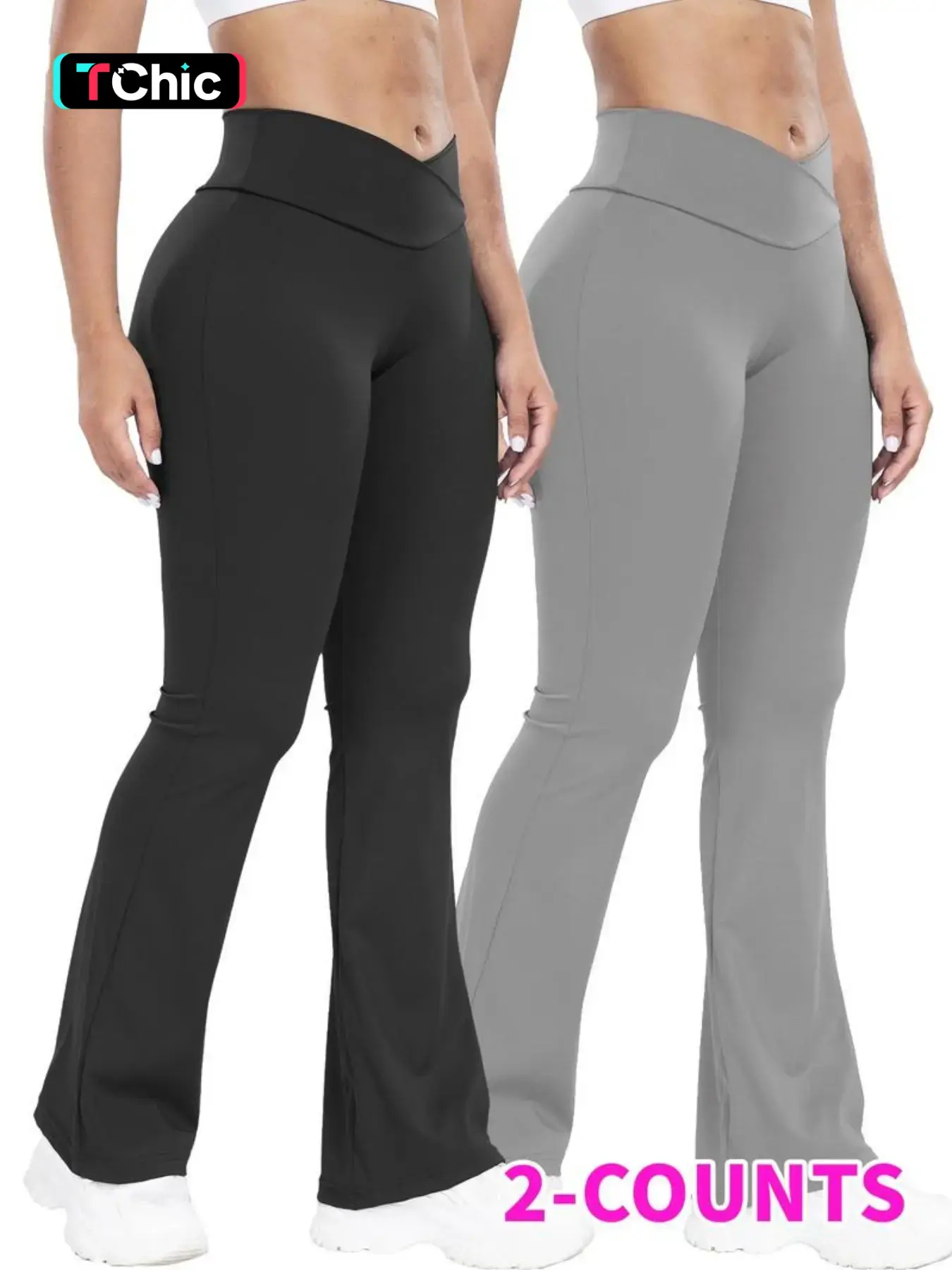 Women's Solid High Waisted Yoga Flare Leg Sports Leggings, Breathable Comfortable Overlap Waist Yoga Leggings, Ladies Sportswear for Indoor Outdoor Wear, Activewear for Fitness, Breathable Athletic Bottoms
