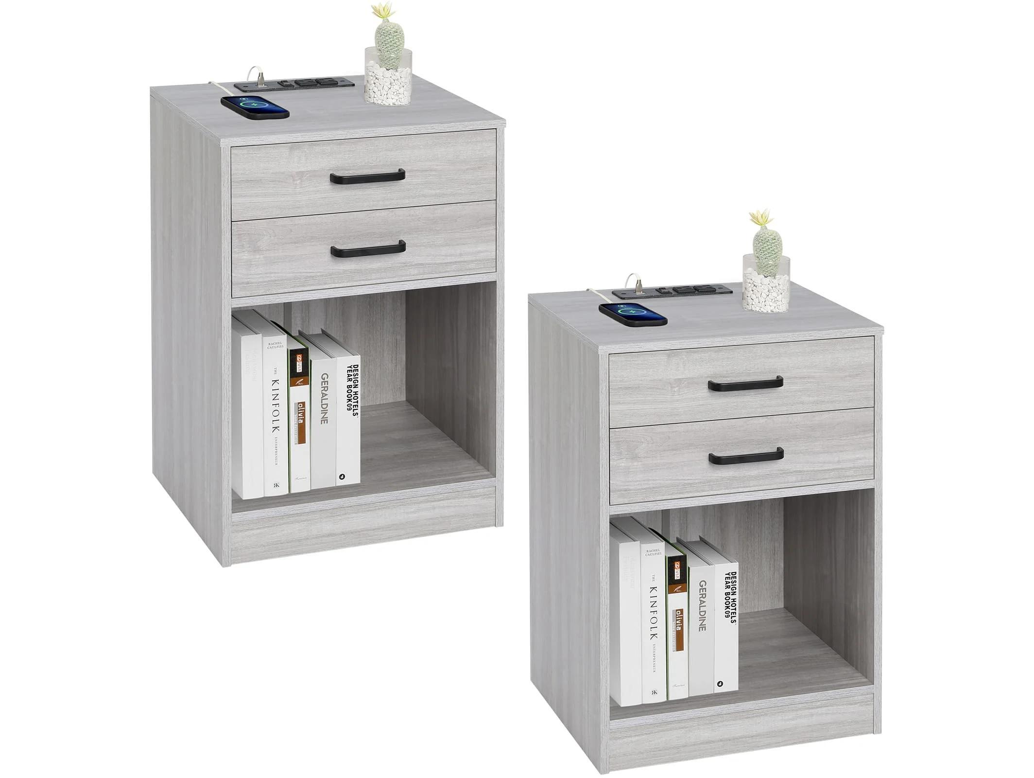 Sikaic 2Pcs Nightstand with Charging Station Modern Bedside Table with 2 Drawers and Open Storage Shelf for Bedroom