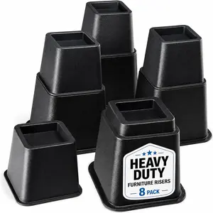 Adjustable Bed Risers 3, 5 or 8 Inch Elevation Heavy Duty Stackable Furniture Risers Supports 1300 lbs 4 Pack Black for Under-Bed Storage College Dorms Table Couch