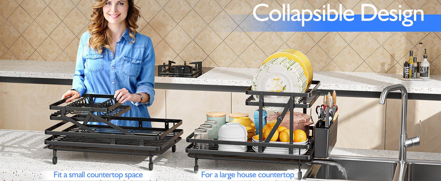 Dish Drying Rack, Collapsible Dish Racks for Kitchen Counter, 2 Tier Durable Dish Drainer with Utensil Holder-Kitchen Drying Rack