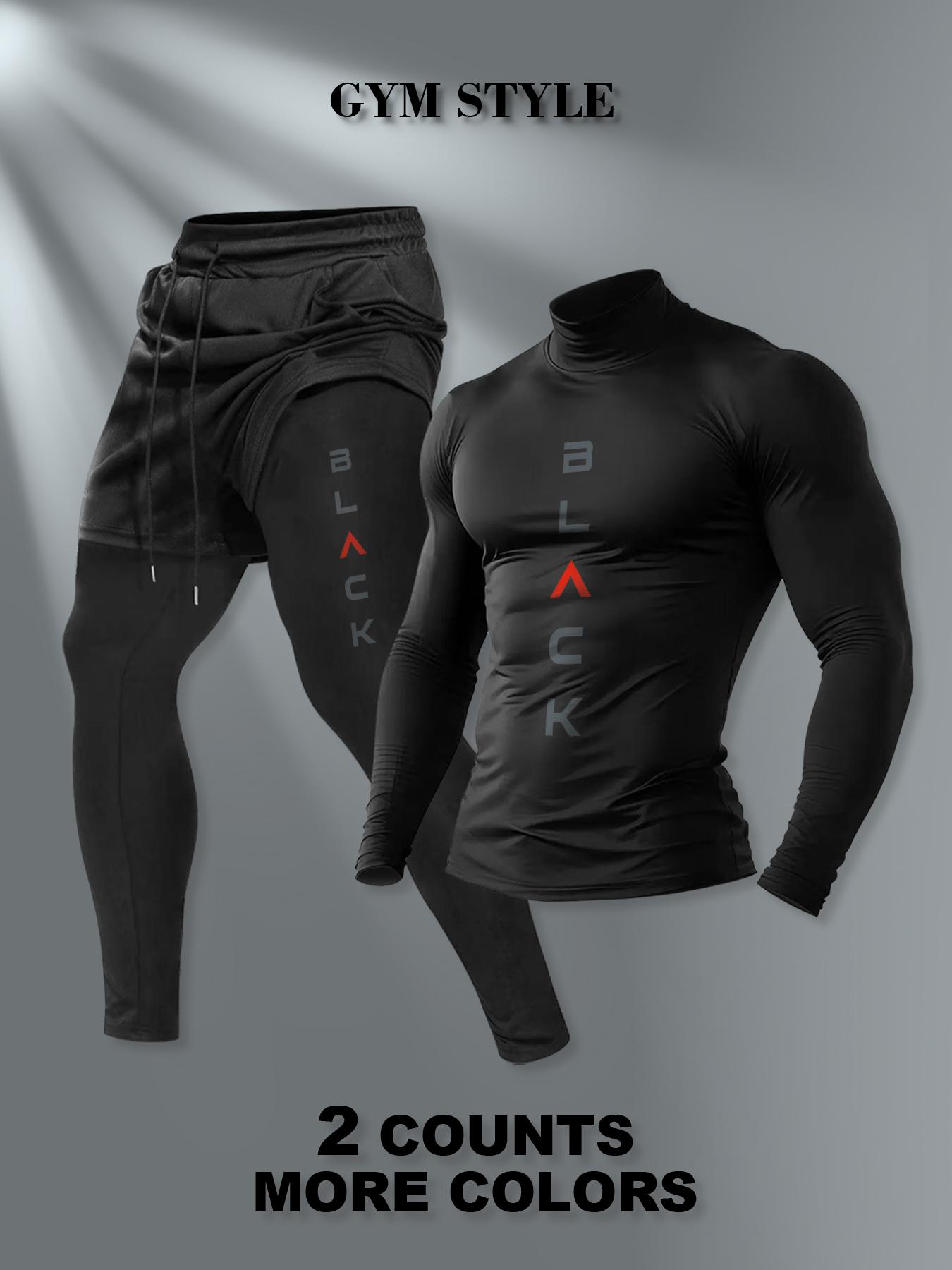 Men's High Neck Warm Long Sleeve T-Shirt + Faux Two-Piece Pants Set, Casual Fashion, Fall & Winter Wear, Comfortable and Stylish