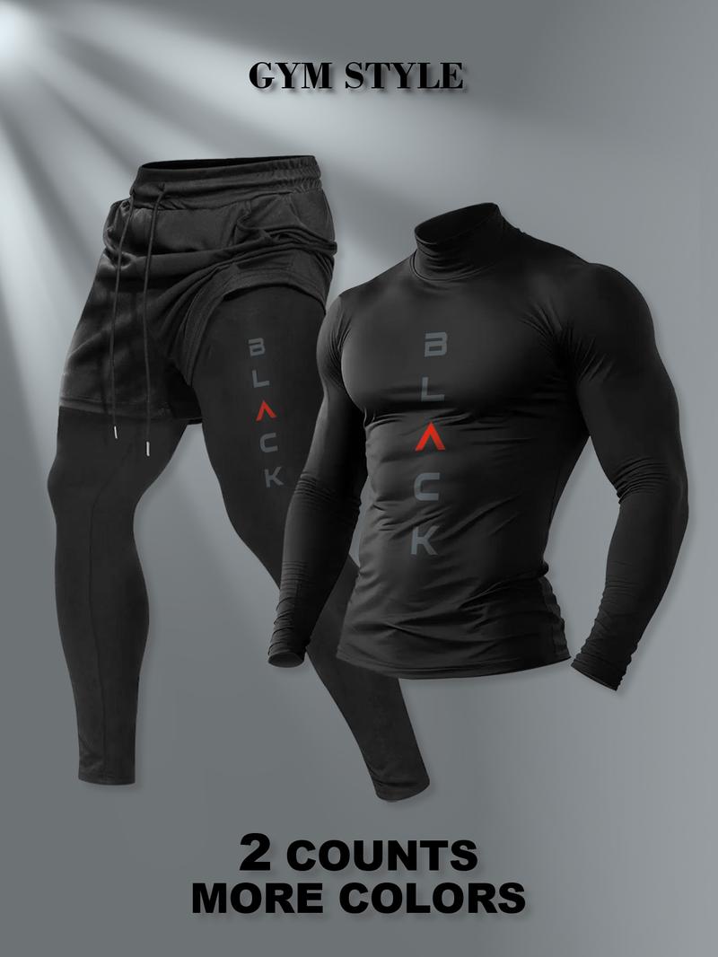 Men's High Neck Warm Long Sleeve T-Shirt + Faux Two-Piece Pants Set, Casual Fashion, Fall & Winter Wear, Comfortable and Stylish