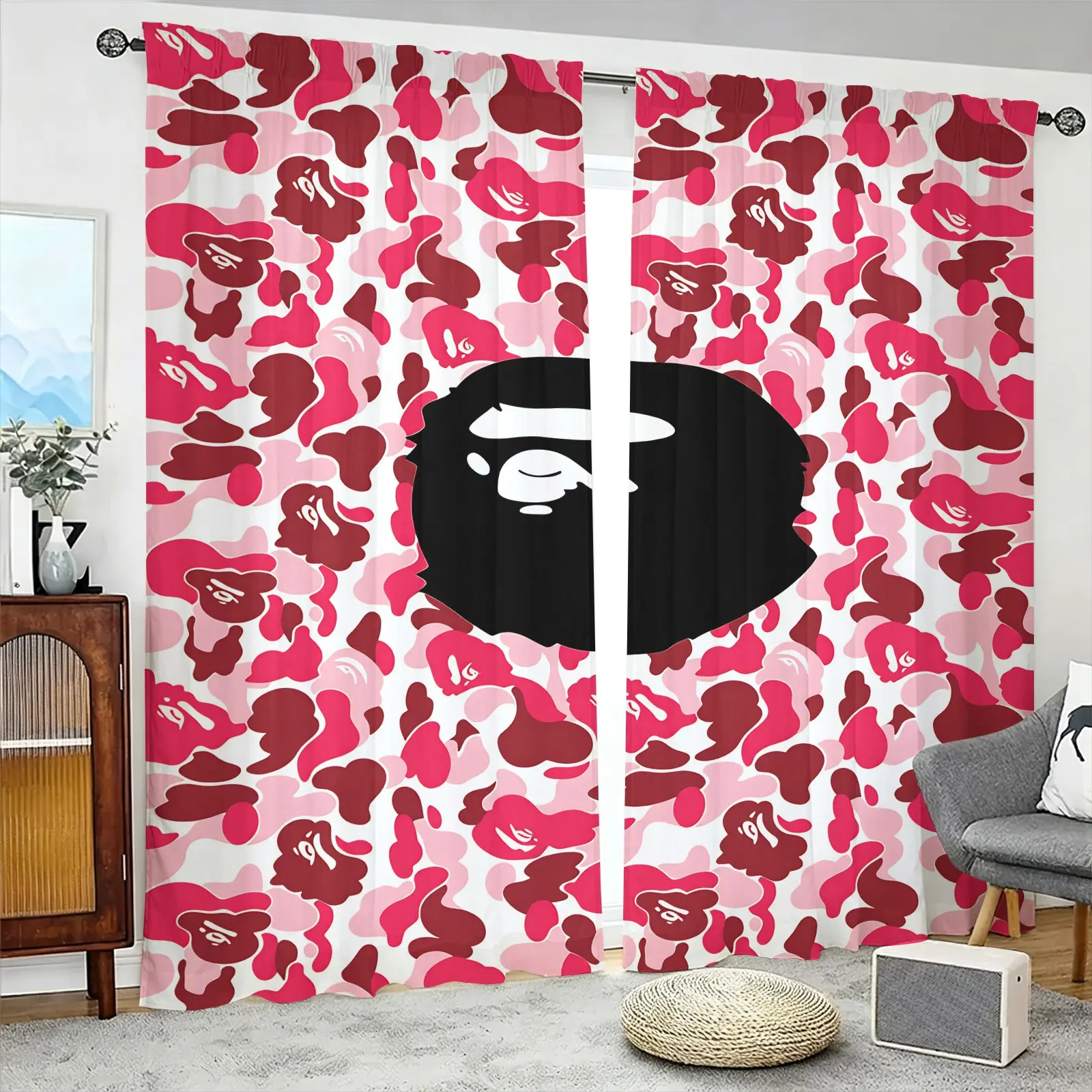 Pink ABC Camo Cartoon Ape Trendy Cool Decorative Curtains, Two-Piece Rod Pocket Design, No Drilling Easy Install, Privacy Blocking Noise Reduction Drapes, For Trendsetter Bedroom/Dorm/Esport Room Decor