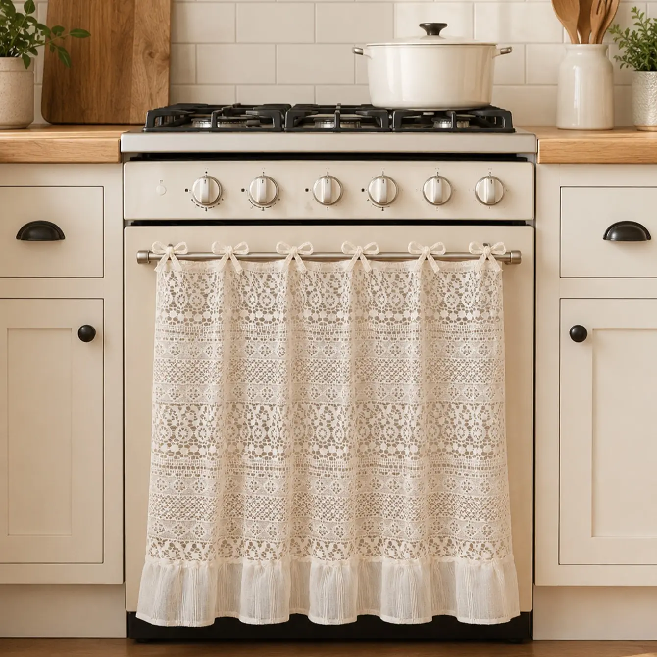 Vintage Lace Oven Door Curtain, 100% Polyester Kitchen Stove Cover, 6 Straps, Decorative Ruffled Oven Handle Curtain, Farmhouse Style, 29.9 X 21.3 Inches