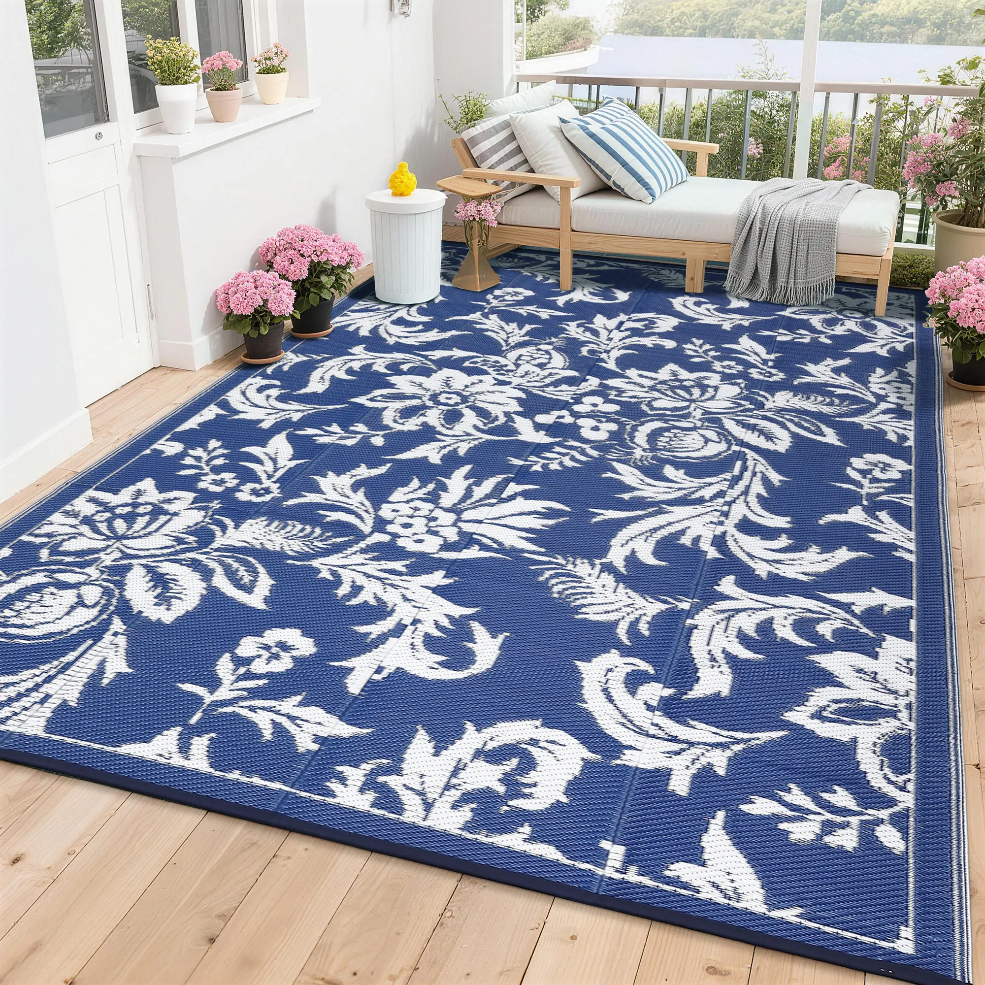 8x10 Outdoor Rug, Polypropylene Woven Patio Carpet with Branch Pattern, Lightweight Floor Mat for Patio Deck Balcony Porch RV, Deep Blue White