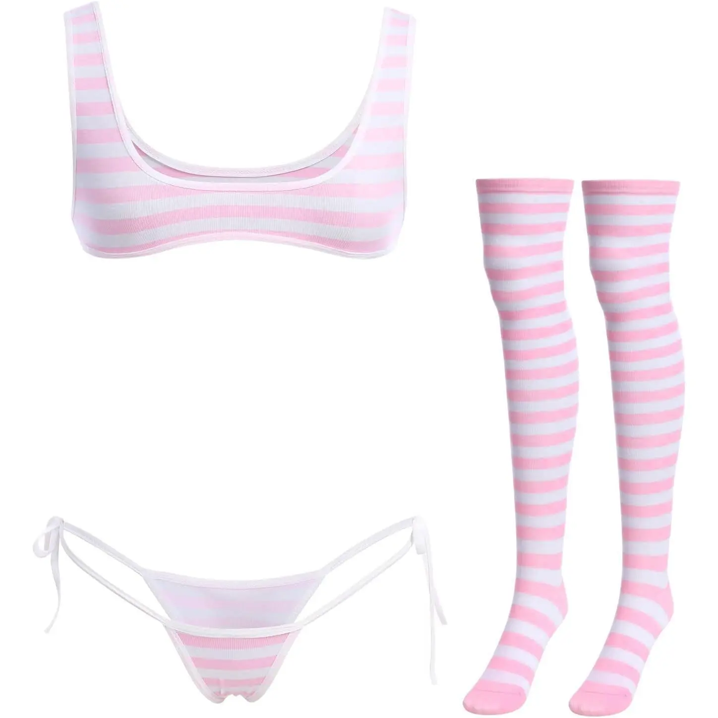 Women Cute Kawaii Anime Lingerie set Halter Strap Micro Bra Tiny Panty Garter Belt Striped Stockings 4Pcs Underwear