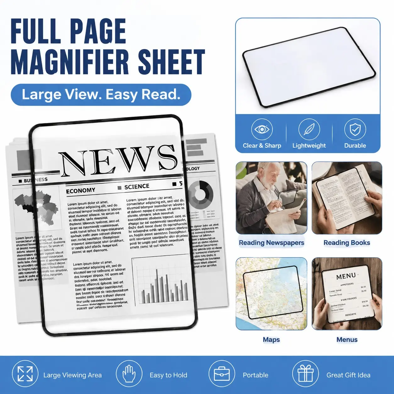 3x Full Page Magnifying Glass Reading Aid, Large Lens Page Magnifier, Ideal for Elderly Vision Assistance, Portable & Durable Design, Durable Plastic Frame, Office Desk Accessories, Desk Gadgets