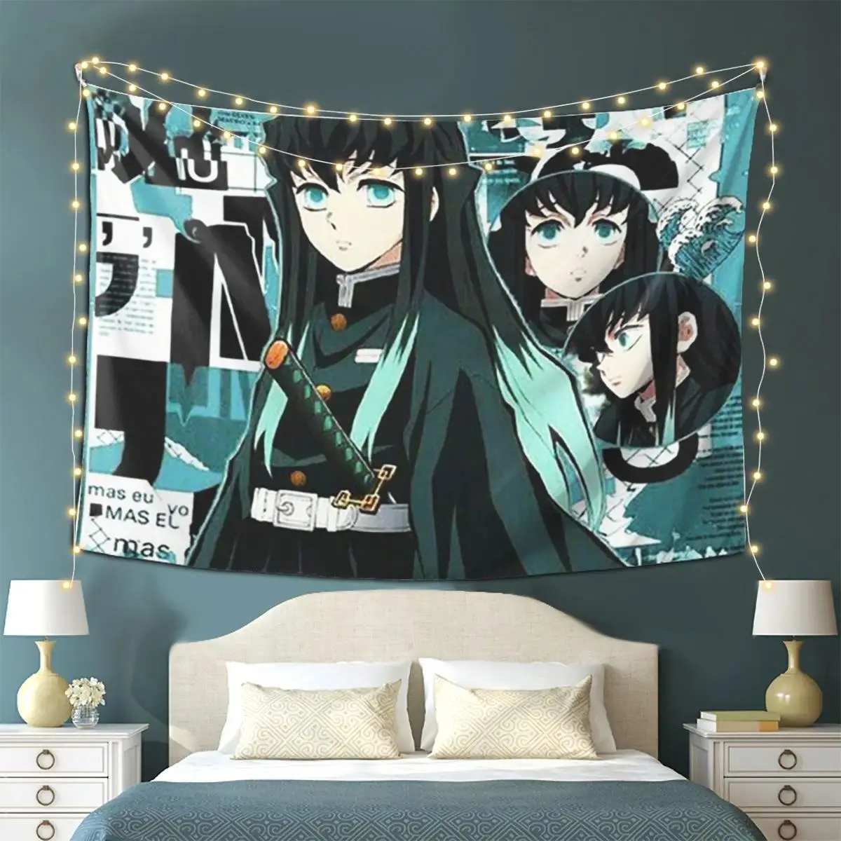 Demon Slayer Muichiro Tokitou Lightweight Tapestry Wall Hanging, Aesthetic Home Decoration Backdrop with Hanging Clips, Photo Prop for Anime Fans, Dorm Room Use, Printed