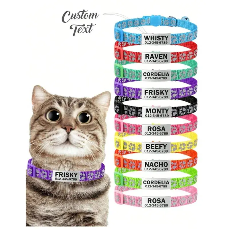 Personalized Engr. Adjustable Cat Collar with Custom Engraved Name-Number ID Tag, Animal Print, Automatic Retractable, Contoured Paracord, Non-Tangled, for Girls' Pet Cats (Halloween, Christmas Adventure Use), Collars