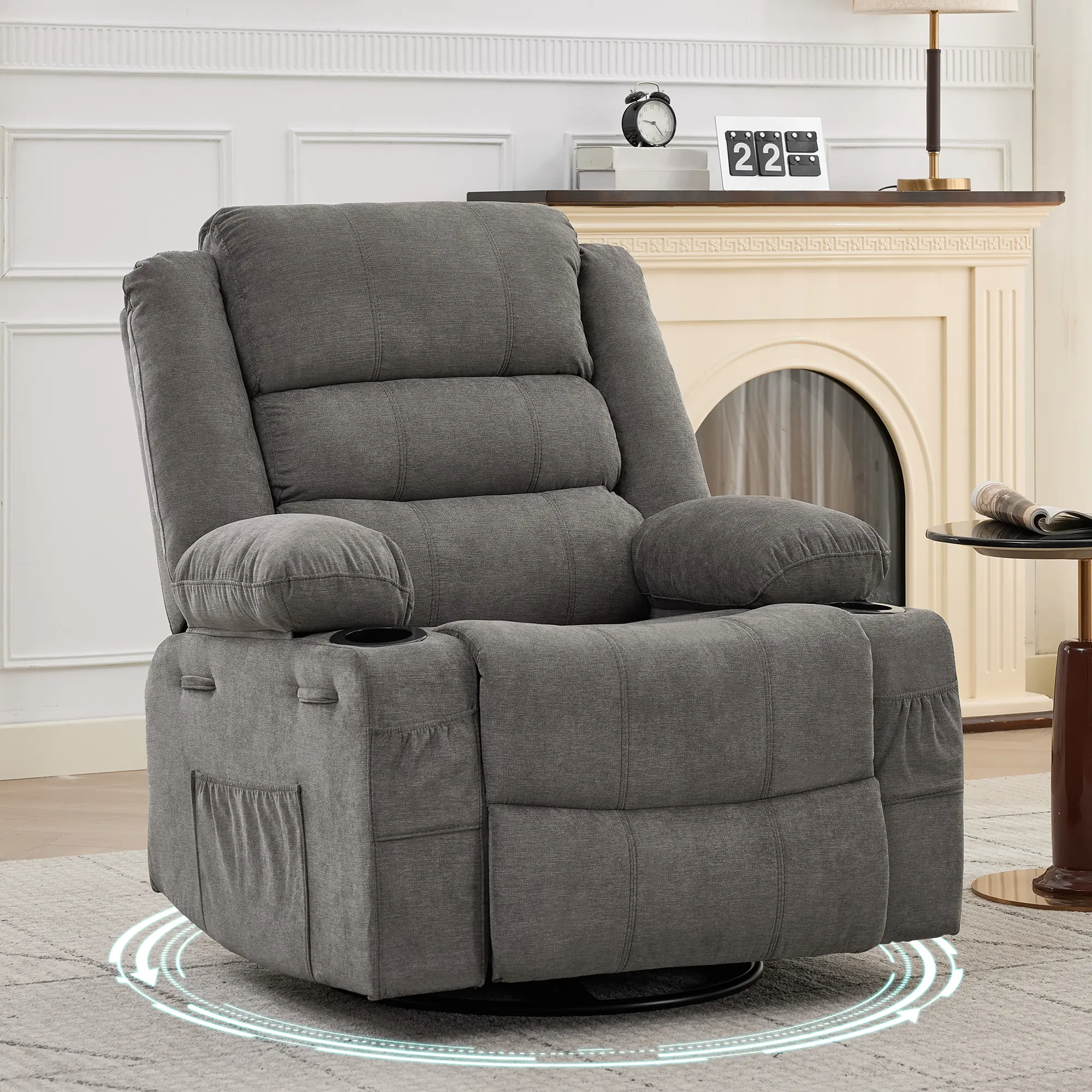 Rocking Recliner Chair for Adults Wide 360° Swivel Rocker Recliner with Cup Holder Nursery Glider with Upholstered Deep Seat Linen Lazy boy chair for Living Room Blue