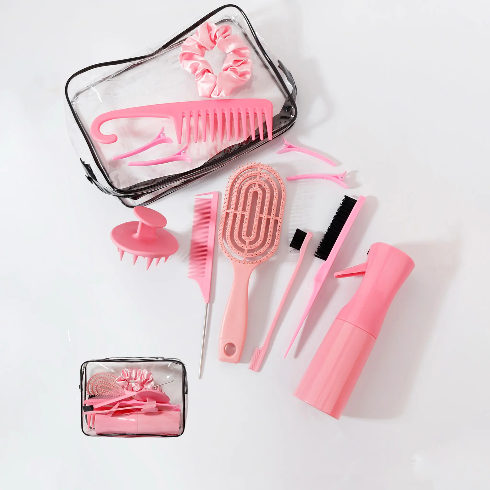 12Pcs Pink Hair Styling Tools Kit Heatless Styling Tools Hollow Detangling Brush Wide Tooth Comb Rat Tail Edge Brush Spray Bottle Hair Clips Scrunchie Scalp Massager With Storage Bag Hair Braiding Accessories Set Hairdressing Tool Set