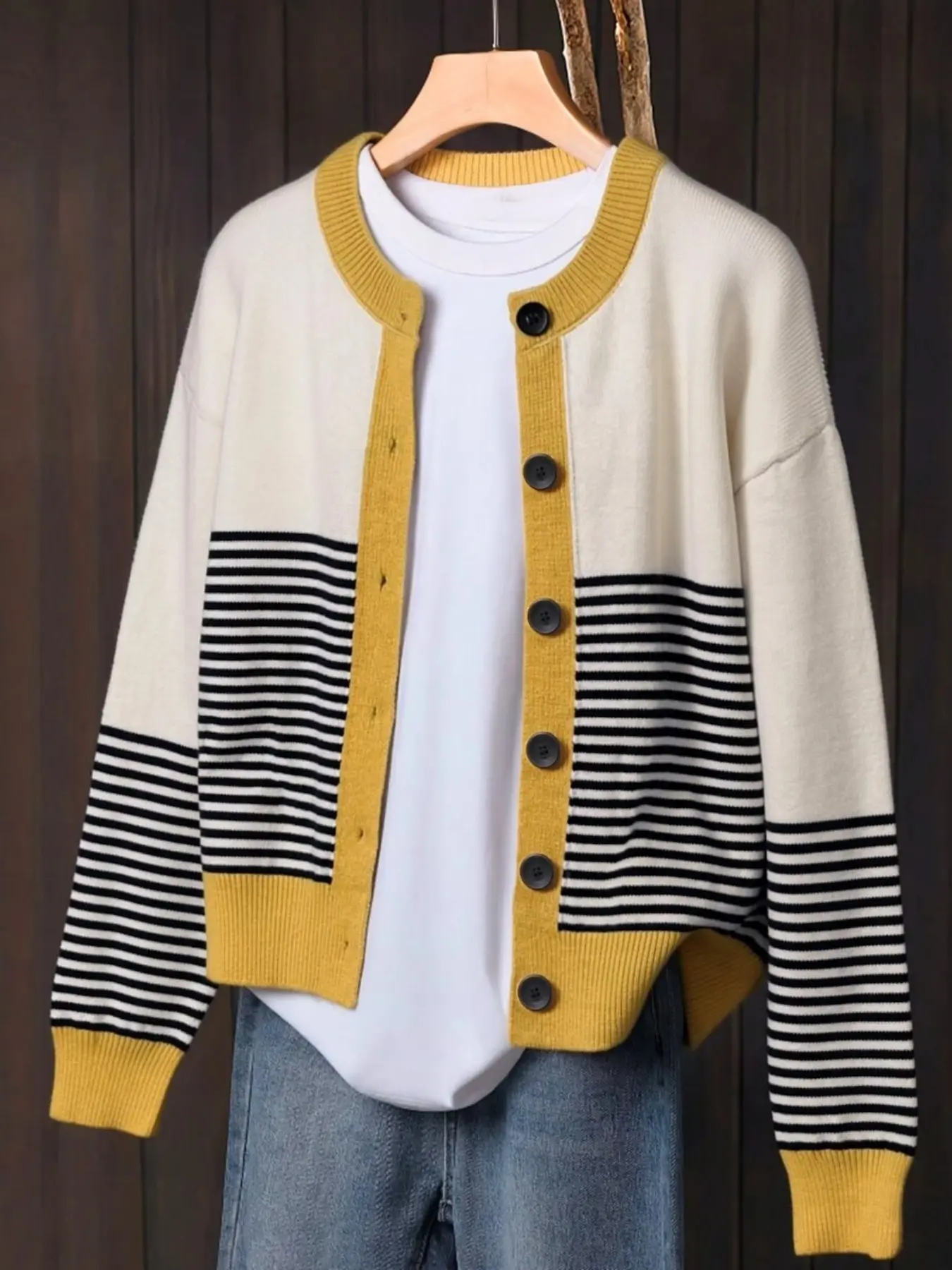 Patchwork Striped Knit Cardigan, Button Down Crew Neck, Long Sleeve Loose Fit, Casual Knitted Outerwear for Women, Graphic Pattern