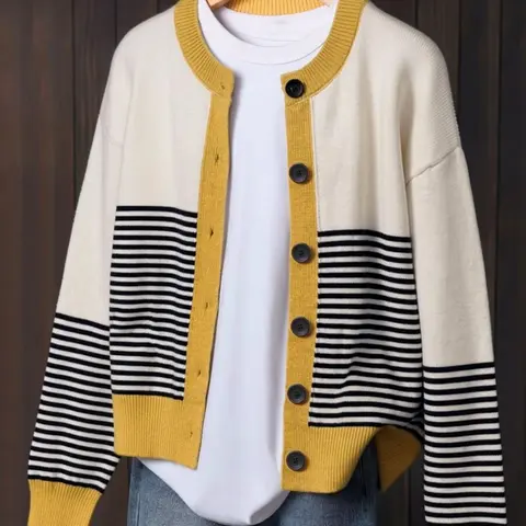 Loose-Fit Colorblock Striped Long Sleeve Cardigan, Casual Button Front Round Neck Knitted Outerwear for Women