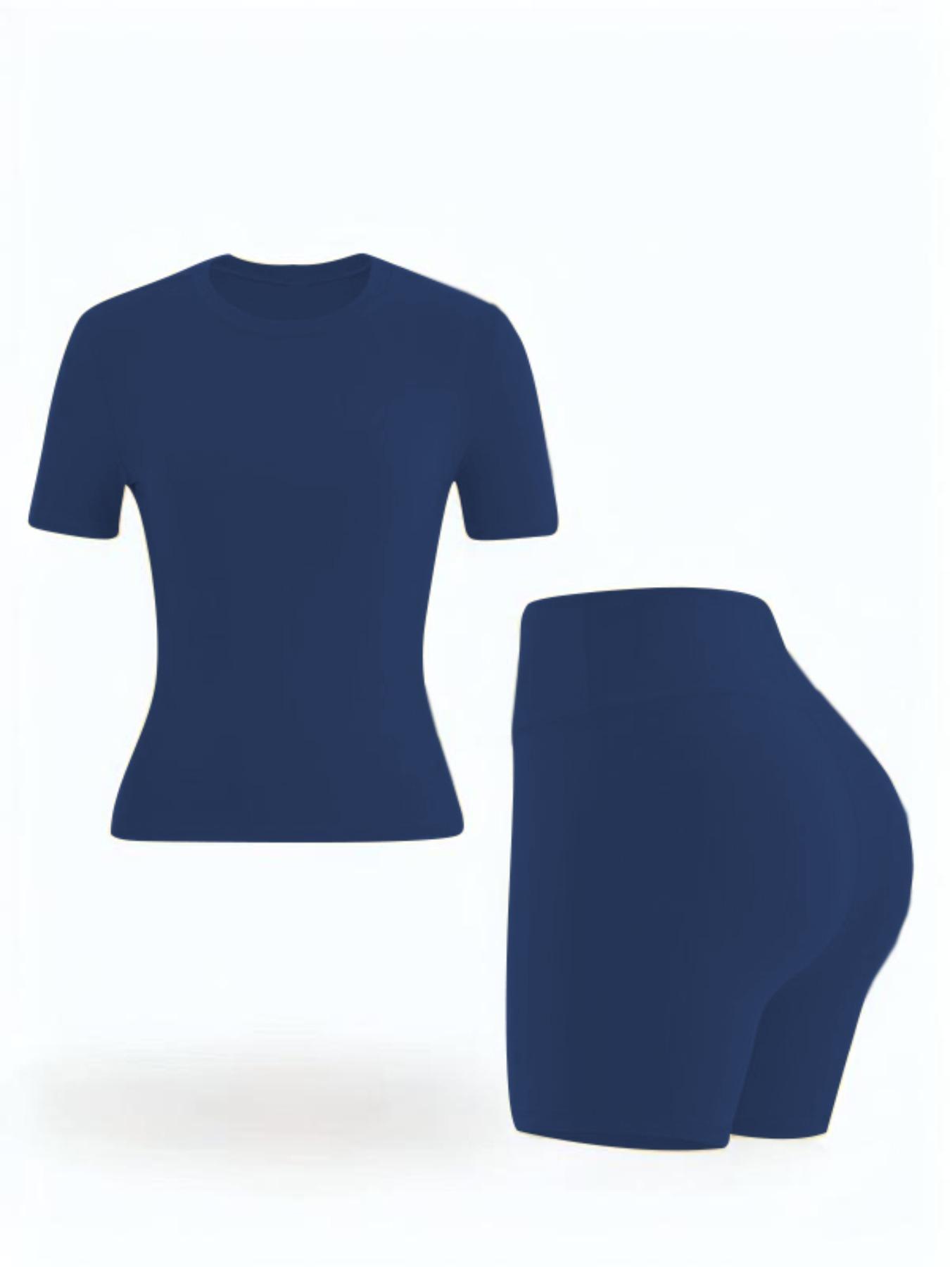 Two-Piece Set Women's Solid Round Neck Tee & High Waist Biker Shorts Athletic Tracksuit Set, Casual Short Sleeve T-shirt & Skinny Shorts, High Stretch Activewear, Ladies Sportswear Yoga Outfit Set for Indoor Outdoor Wear Athletic Workout Set