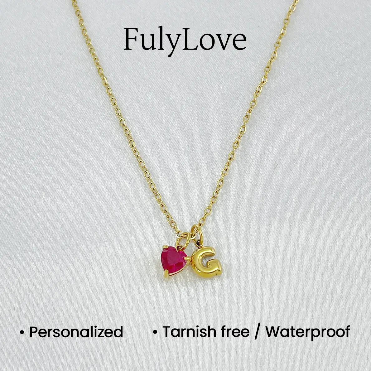 FulyLove Personalized Heart Birthstone & Bubble Initial Necklace – Custom Gold Plated Jewelry with Gift Packaging