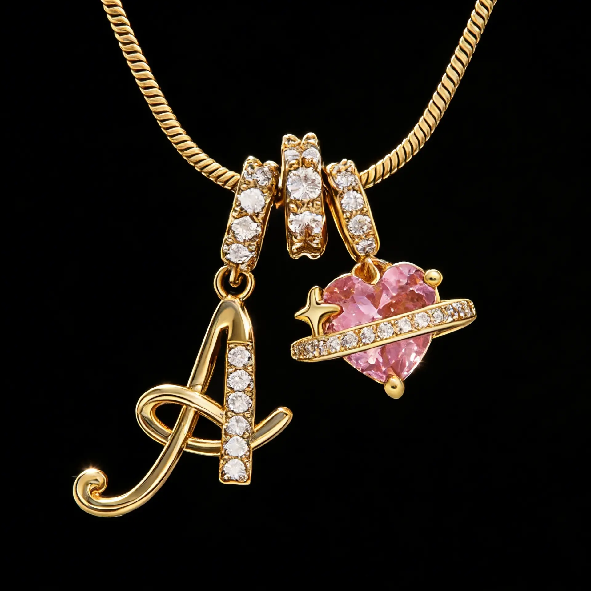 14K Gold Plated Trendy A-Z Letter Pendant Necklaces Dainty Monogram Name Necklace Personalized Initial Pink Heart Cubic Zirconia Pendant Necklaces Birthday Anniversary Jewelry Gift