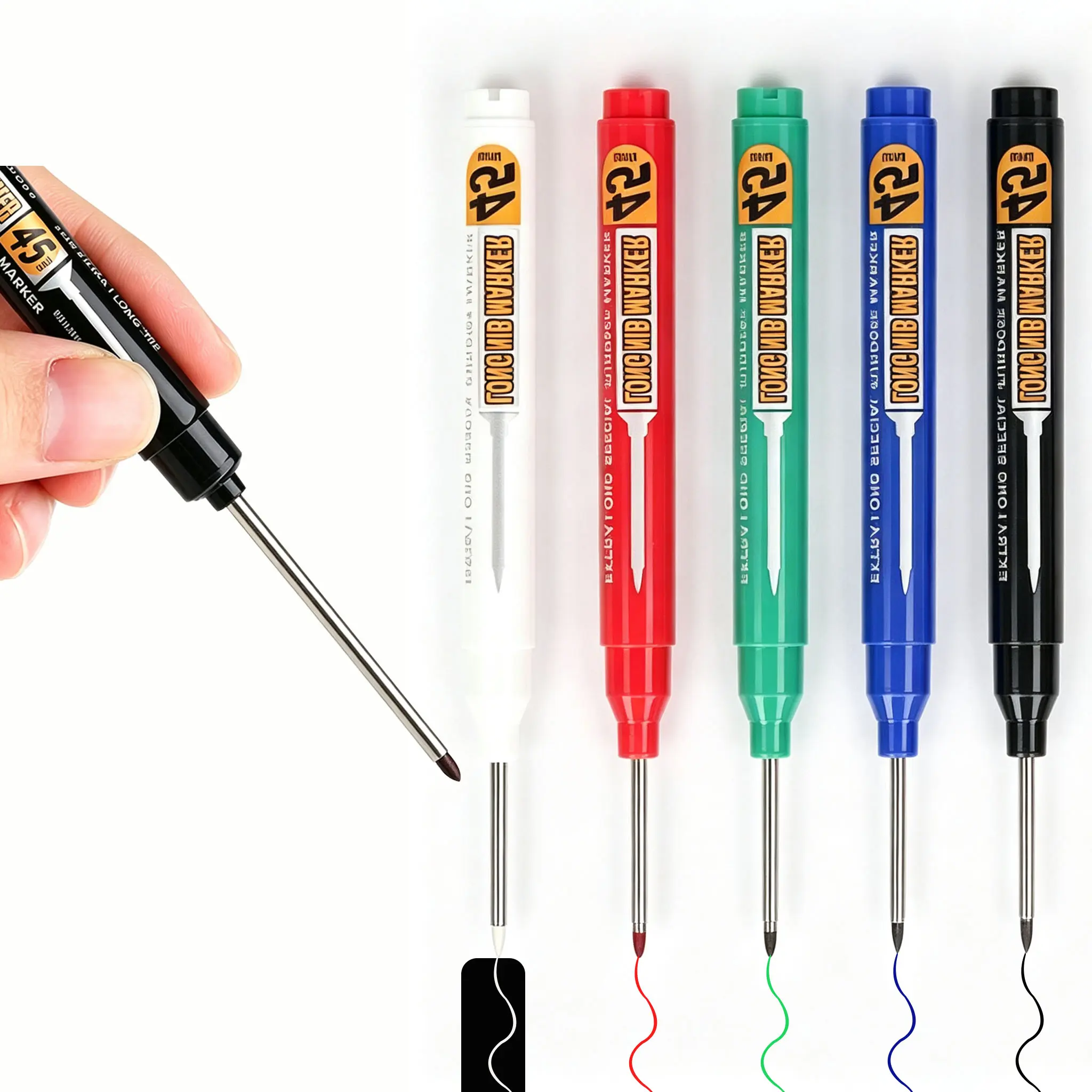 5 Pcs Long Nib Markers, 40mm Long Tip Deep Hole Permanent Paint Markers with Fine Point Deep Reach Tip, Ideal for Metal Hole Marking, Carpentry, Woodworking & Construction (Assorted Colors Set)