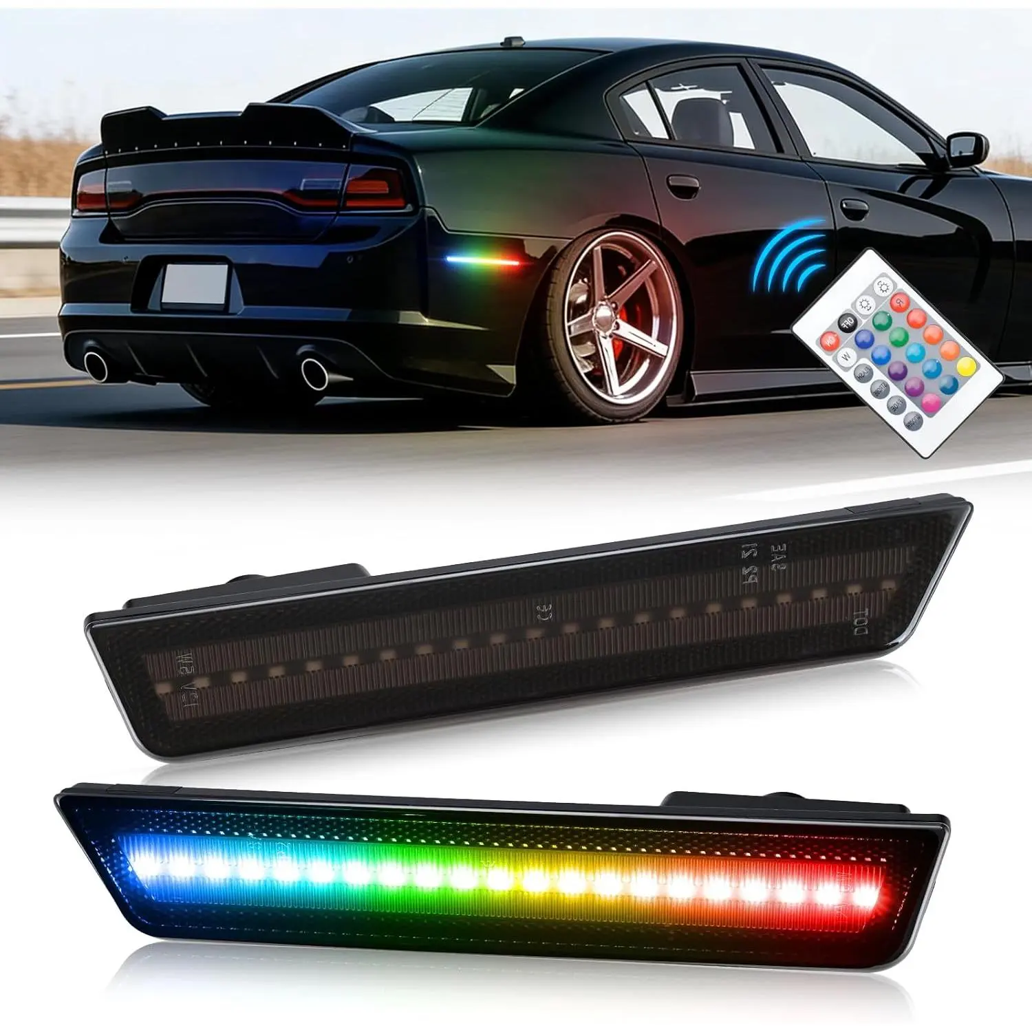 Automotive Car Light RGB LED Side Marker Lights for Dodge Challenger 2008-2014 & Charger 2011-2014, 2PCS Smoked Lens Rear Fender Bumper Sidemarker Reflectors with RF Remote, 16-Color Strobe Parking Lamps