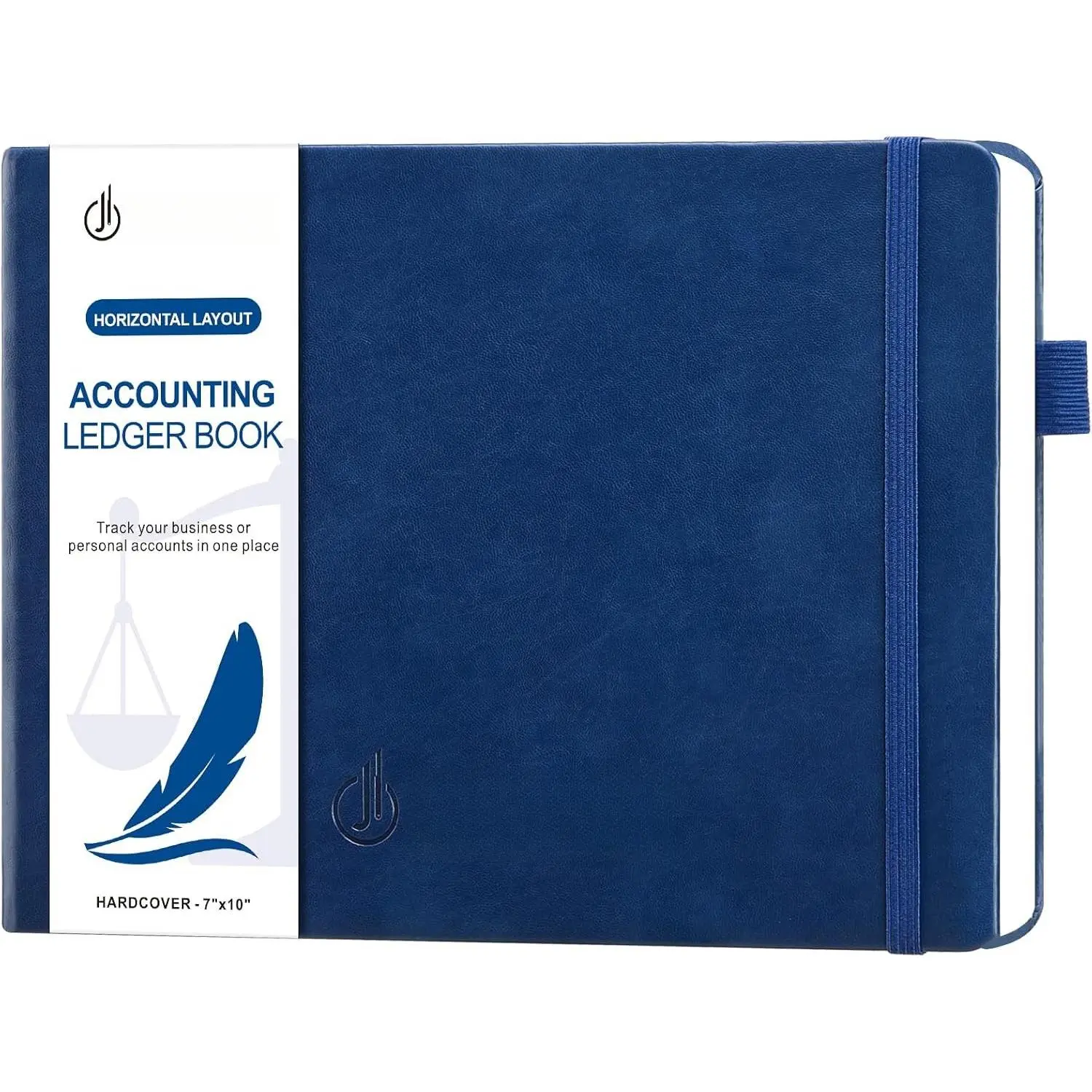 Horizontal Accounting Book - B5 Size Classic Columnar Journal with Column Headings, Elastic Band & Vegan Leather Accents, 7”x10” Navy Blue Expense Notebook for Small Business Bookkeeping