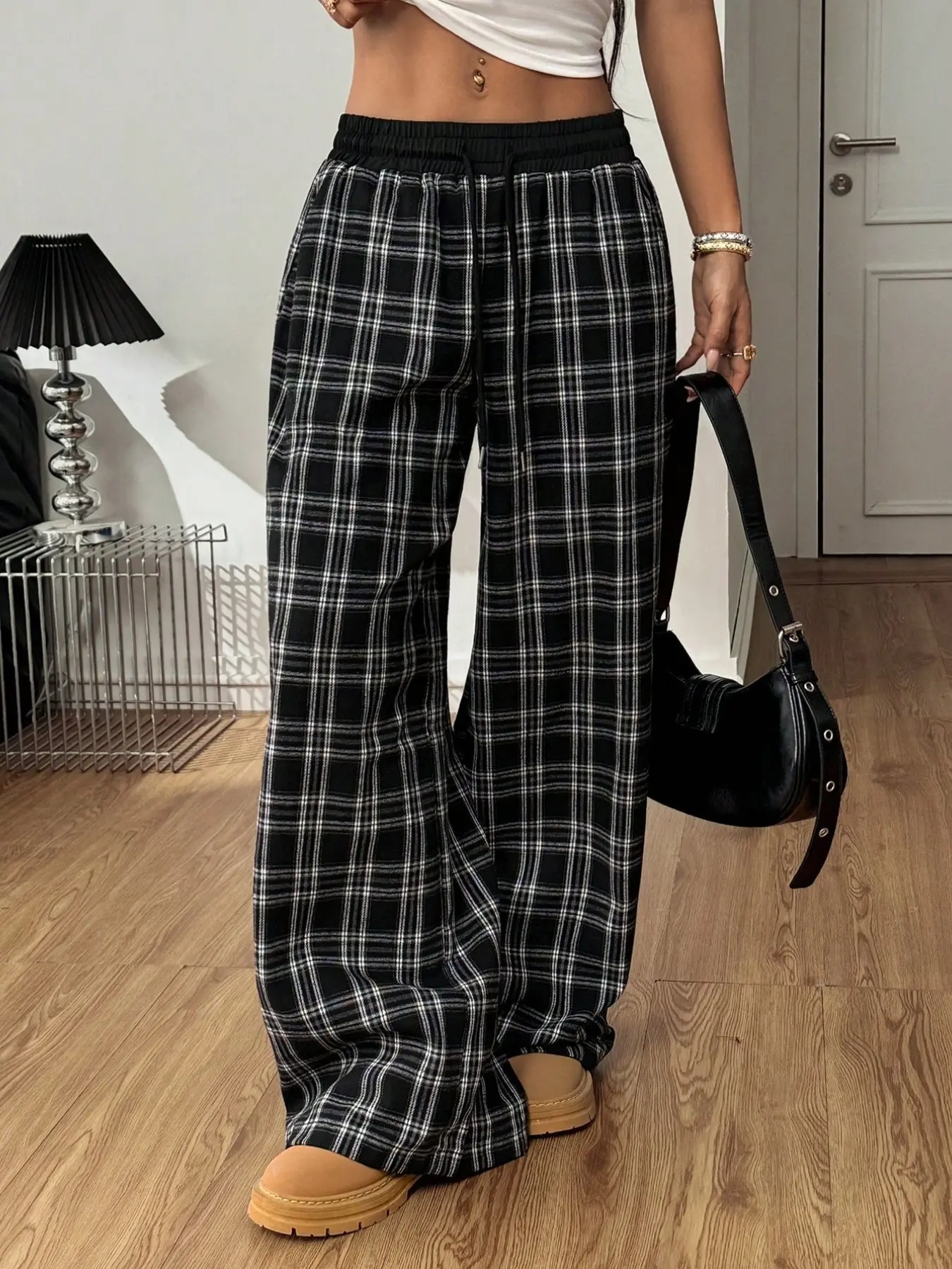 Elastic High-Waist Drawstring Casual Long Pants, Loose Comfort Flannel Home Street Style, Women's Plaid Wide-Leg Pants