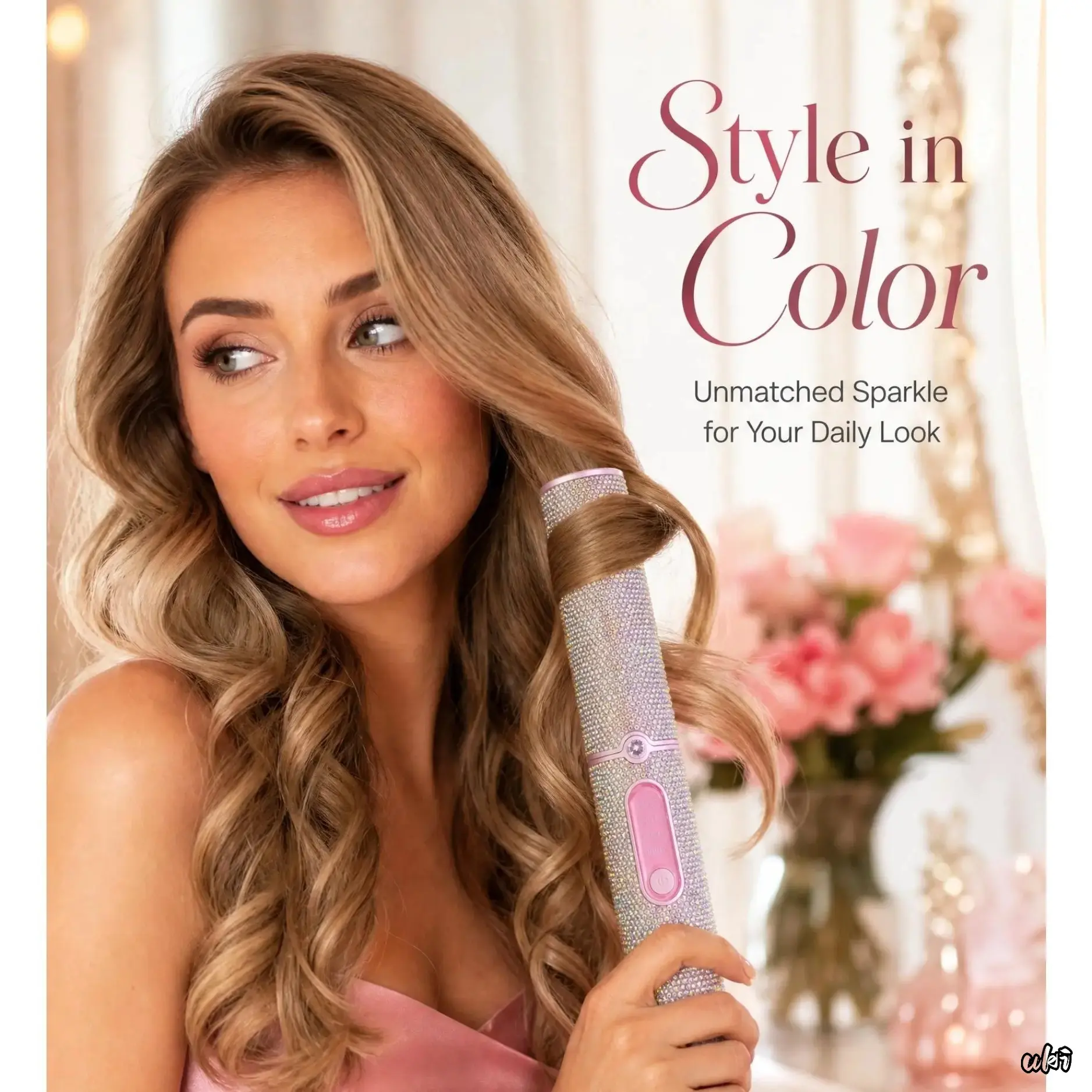 Pink Rhinestone Luxury Cordless 2-In-1 Mini Ceramic Hair Straightener & Curler - Daily Smooth Ceramic Tool with Adjustable Heat, 3 Temperatures, Frizz Control, Rechargeable Wireless Compact Lightweight Travel Styling Iron (Ideal Gift for Home/Travel Use)