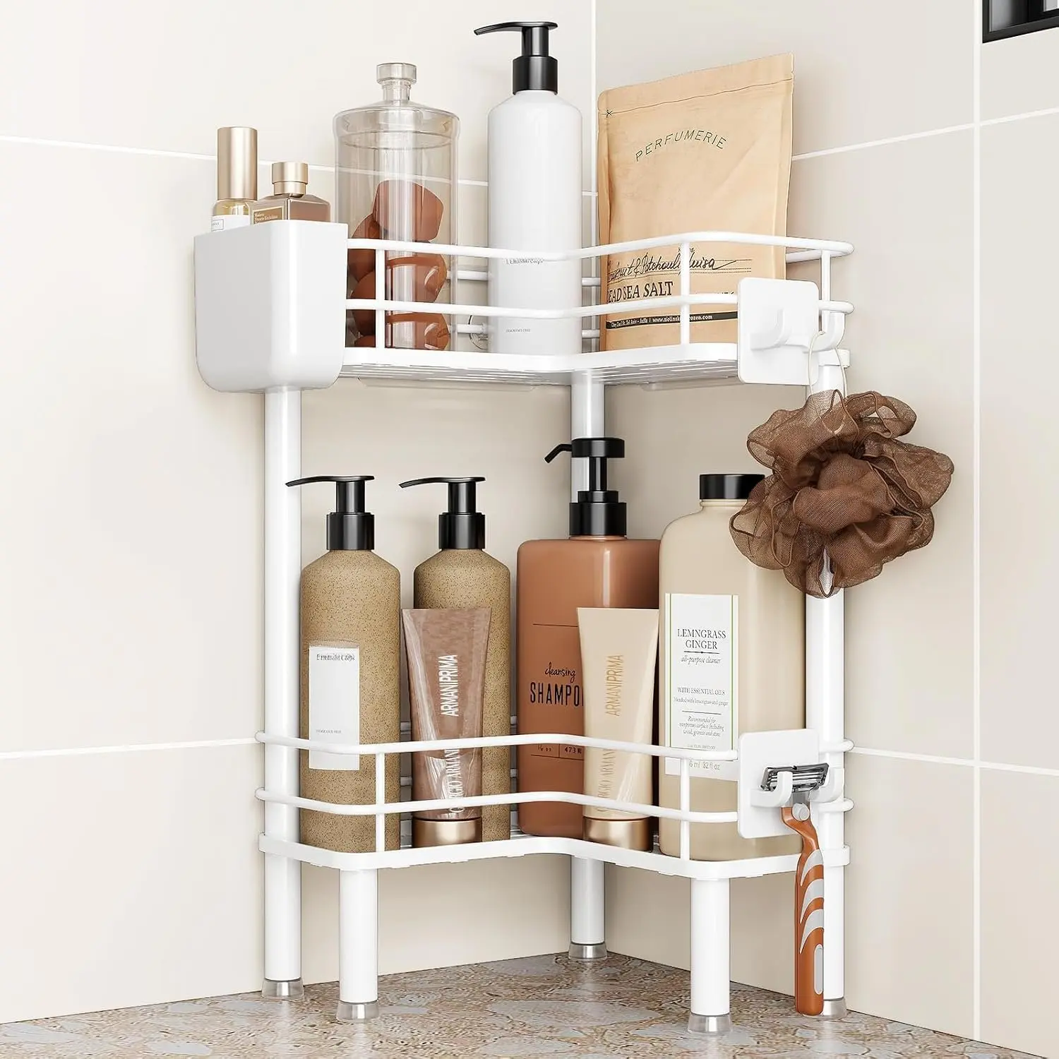 Rustproof 2 Tier Floor Standing Corner Shower  Organizer with  Holder, Large Spacing Floor Shower Shelf Rack Storage Stands with Hooks for Bathroom Kitchen, White