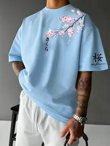 Men's Crew Neck Casual T-Shirt, Japanese Sakura Cherry Blossom & Kanji Letter Print Oversized Short Sleeve Tee, Oriental Daily Streetwear Top #SakuraTee #JapaneseStreetwear #CherryBlossomPrint #OrientalFashion #TikTokMadeMeBuyIt