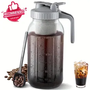 Cold Brew Coffee Maker with Spoon, 64 oz Mason Jar Pitcher with Stainless Steel Filter, Pour Spout Handle Lid, Heavy Duty Glass Airtight & Leak-Proof Pitcher for iced coffee Tea Lemonade