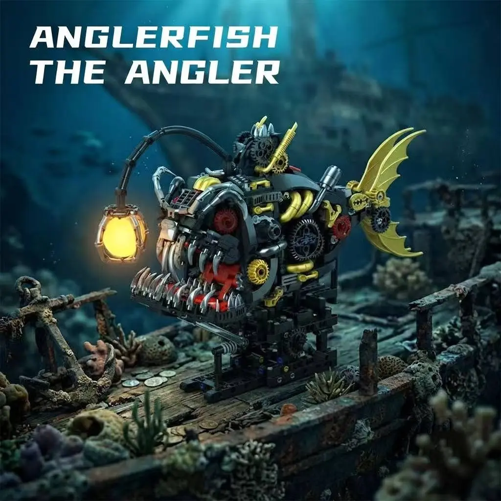 1 Set Steampunk Deep Sea Anglerfish Building Blocks, Mechanical Predator Fish Model with Glowing Lure & Gold Tail, Micro Bricks Construction Toy for Teens Adults Age 12+, Collectible Figurine, 2026 Summer Big Sale