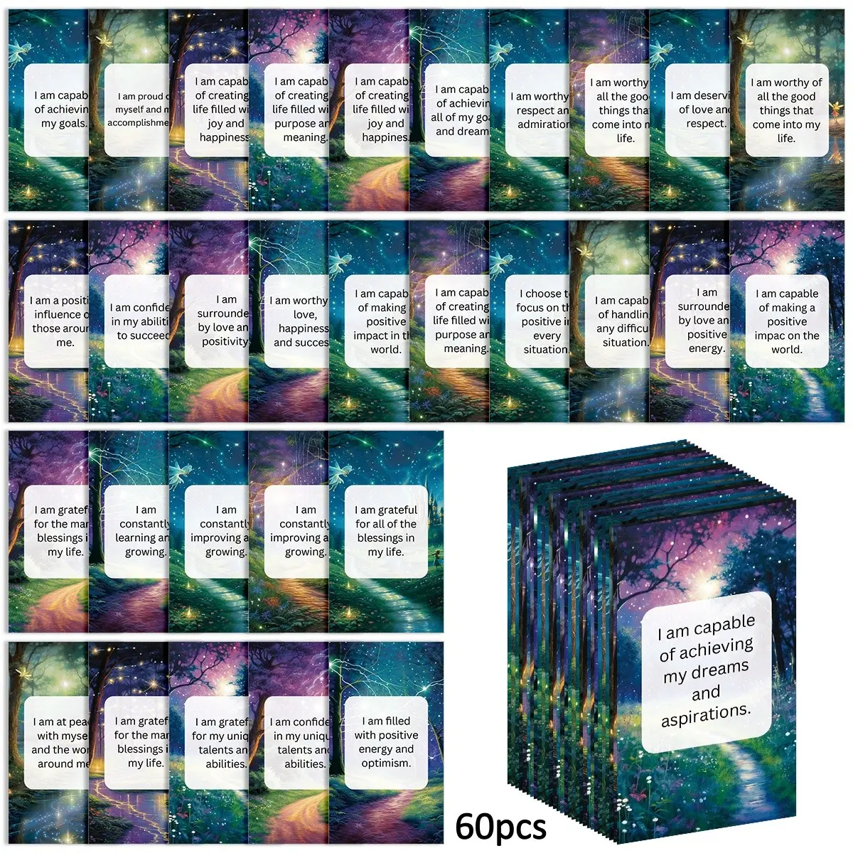 60pcs Positive Affirmation Cards - Fairy Woods Design, whimsical forest theme, Self-Encouragement Motivational Quotes, Self Care Cards - Daily Encouragement & Motivation Cards for Women and Men, Vertical Cards, Inspirational Card, Positive Message Card