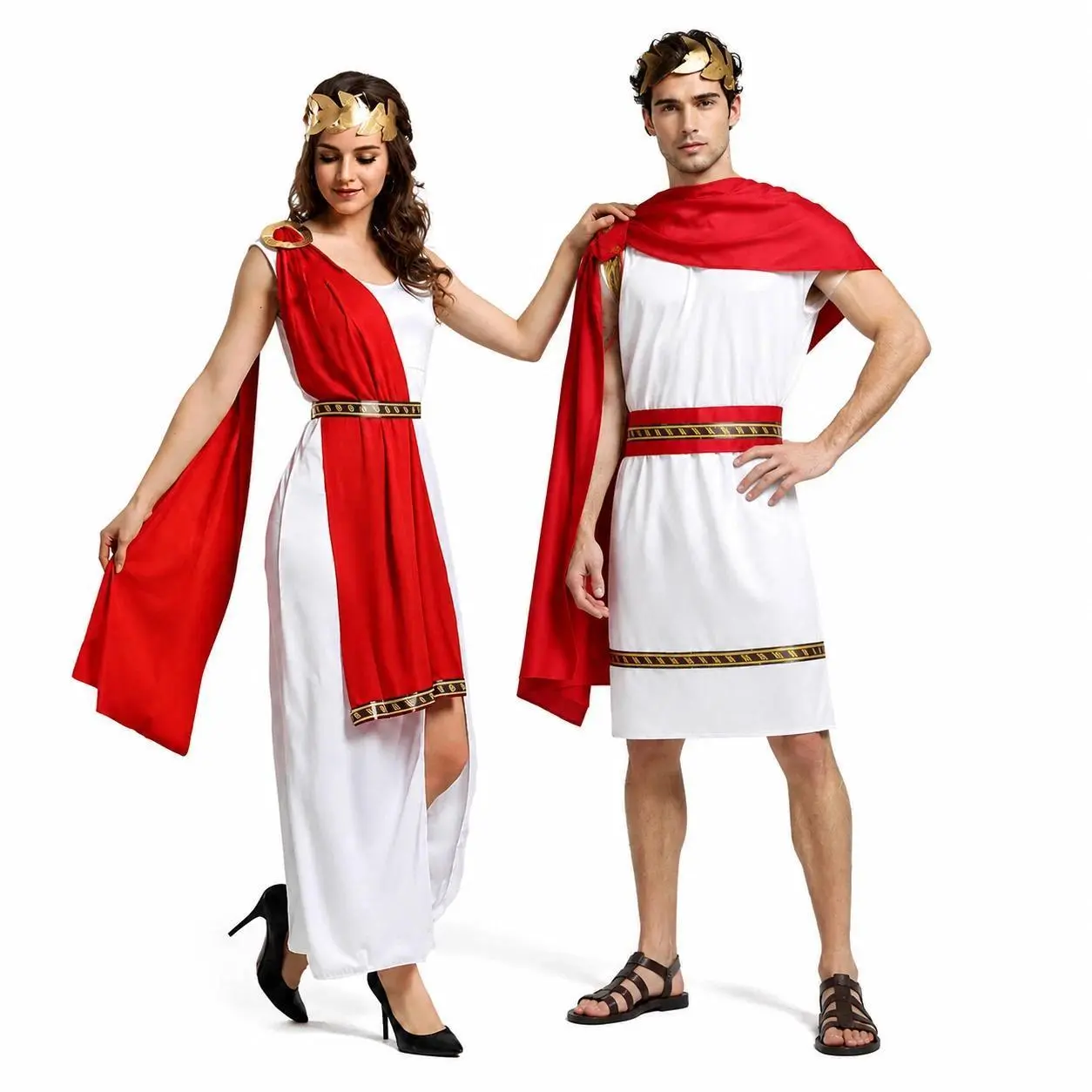 Roman Greek Costume Adult Men Women Couple Toga White Tunic Red Cape Gold Laurel Wreath Halloween Carnival Cosplay Outfit Set