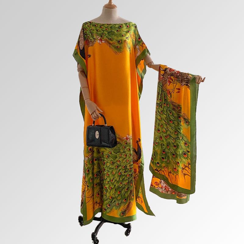 Women's Floral Print Long Dress & Scarf Set,Boho Casual Shawl Dress & Scarf Set for BeachVacation Holiday, Ladies Clothes for AllSeasons