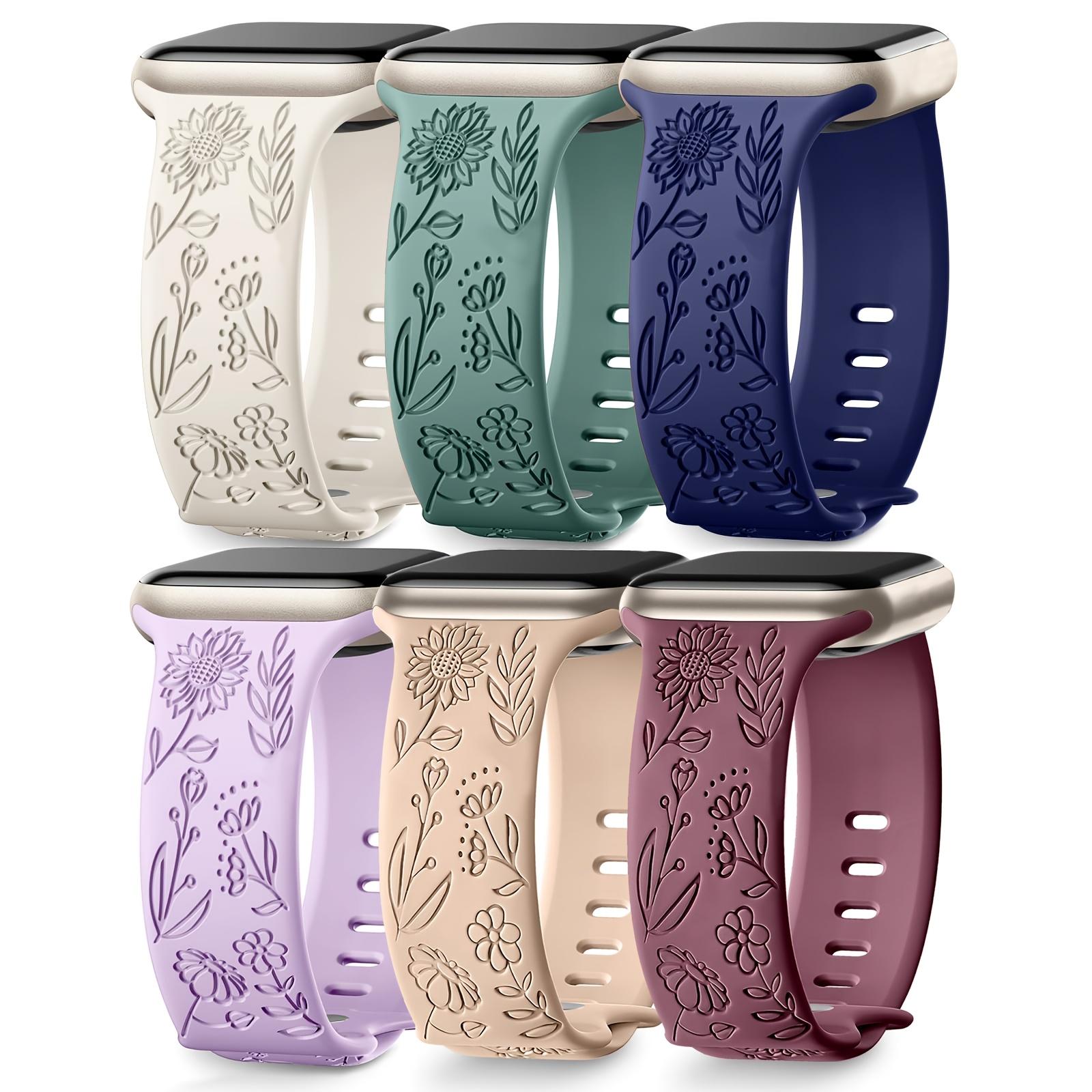 6-Pack Floral Engraved Silicone Apple Watch Bands – Soft Sport Strap 38–49mm (Series 1–11, SE, Ultra / Ultra 2 / Ultra 3), Women